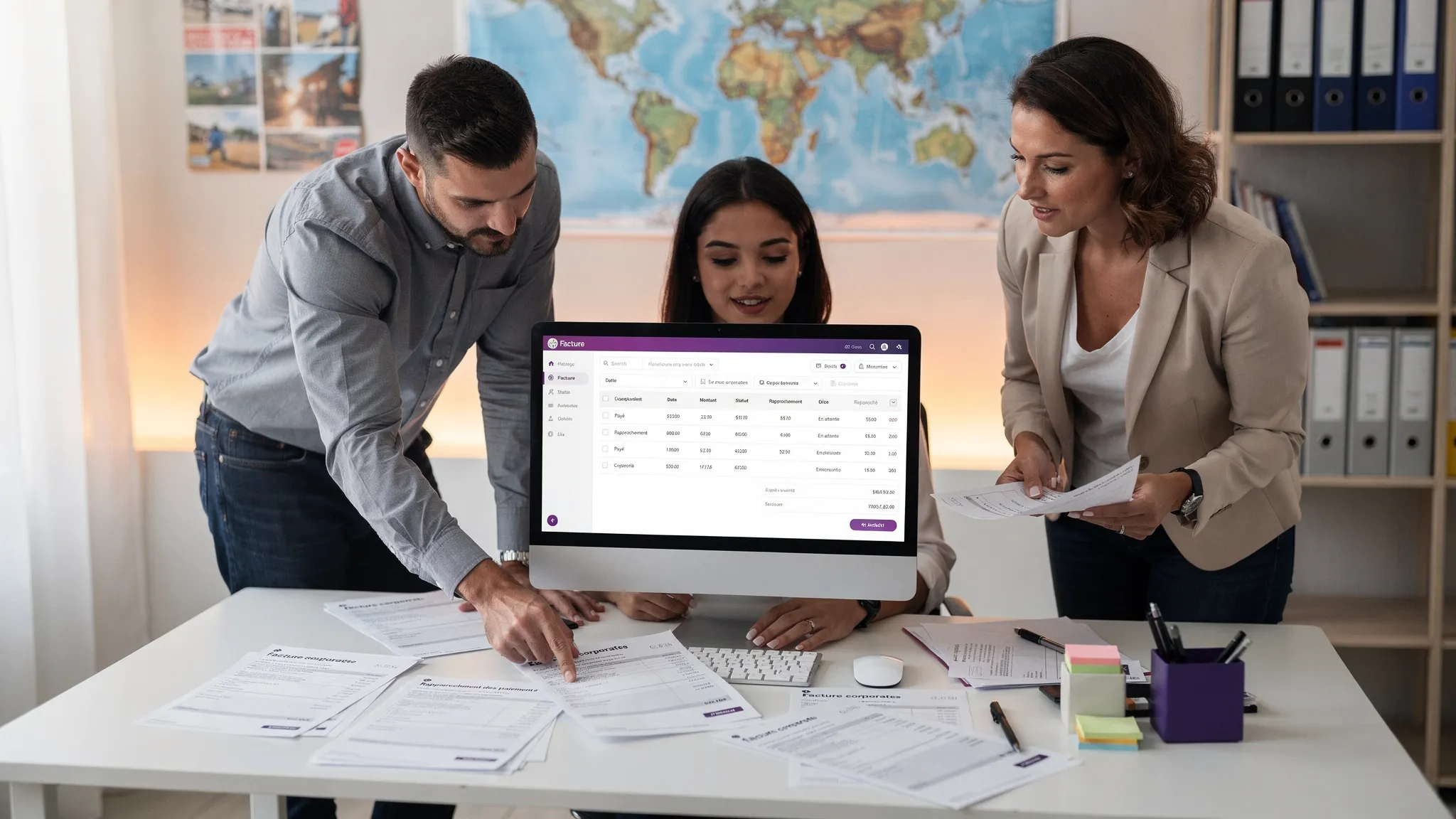 Illustration d’une petite équipe en agence de voyages traitant une facture corporate, avec documents papier et écran d’ordinateur orienté correctement affichant un tableau de paiements et statuts de rapprochement.