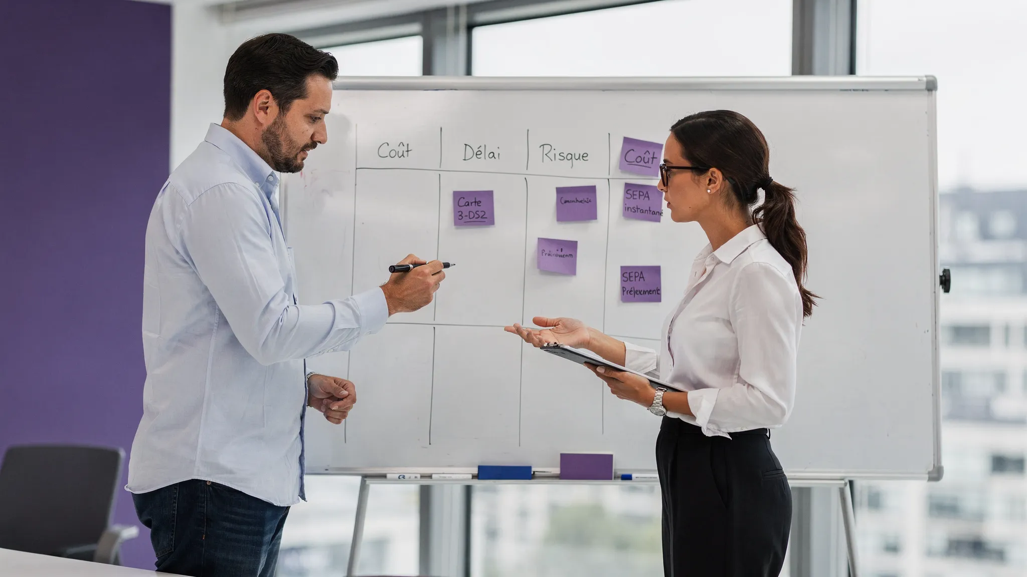 Photo d’un travel manager de PME et d’un agent de voyage d’affaires examinant une matrice de moyens de paiement sur un tableau, avec des post‑its indiquant Carte 3‑DS2, SEPA instantané, Prélèvement, et des colonnes Coût, Délai, Risque.