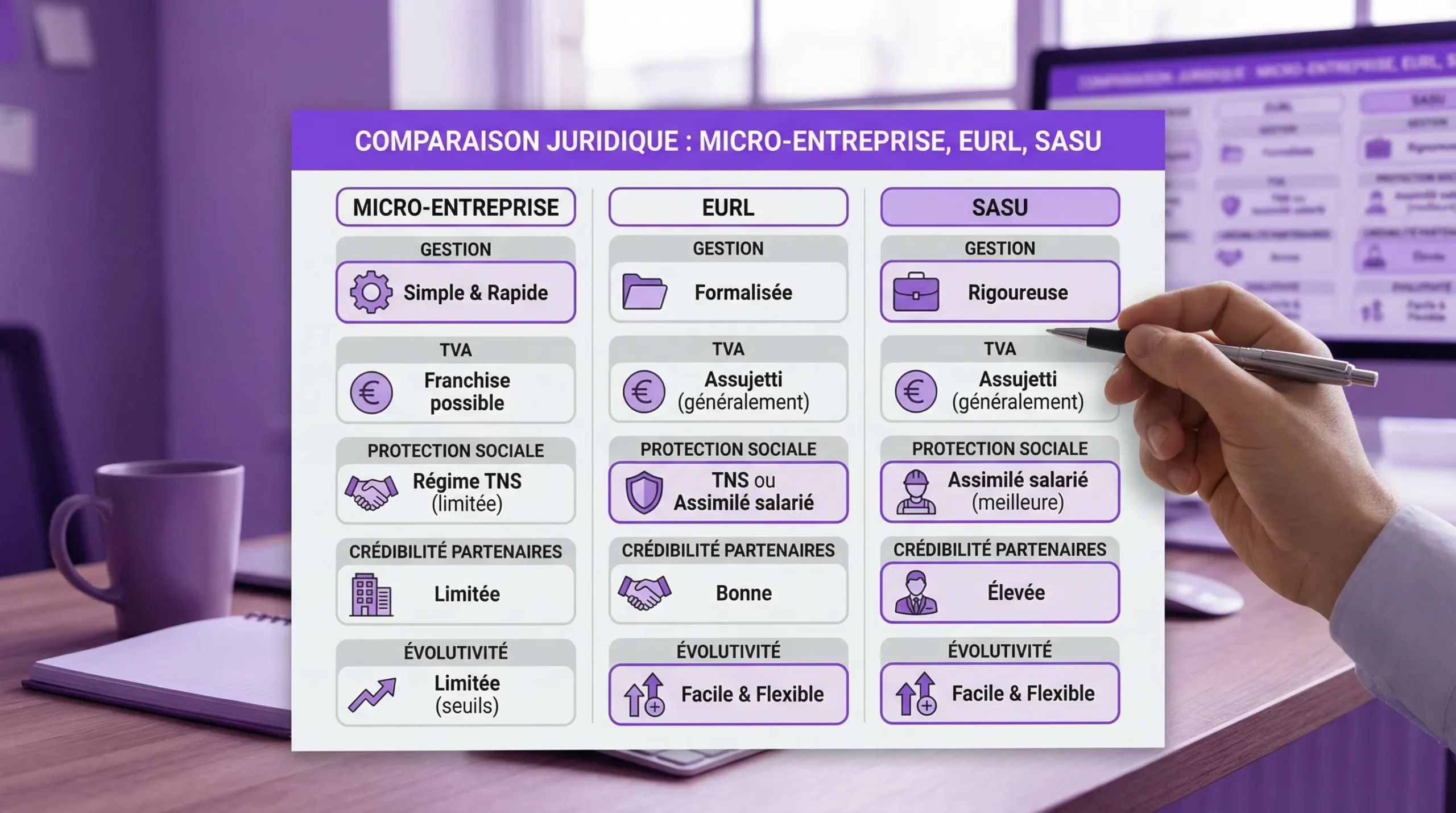Schéma comparatif simple en trois colonnes montrant Micro-entreprise, EURL et SASU, avec pour chaque colonne les blocs “gestion”, “TVA”, “protection sociale”, “crédibilité partenaires” et “évolutivité”, sous forme de pictogrammes et mots-clés.
