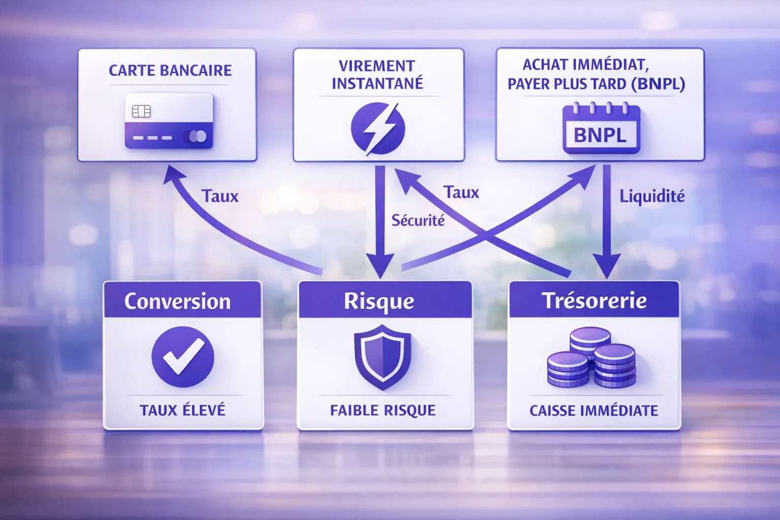 Schéma comparatif simple pour un site de réservation voyage, montrant trois moyens de paiement (carte, virement instantané, BNPL) reliés à trois objectifs (conversion, risque, trésorerie) avec des flèches indiquant les forces de chaque moyen.