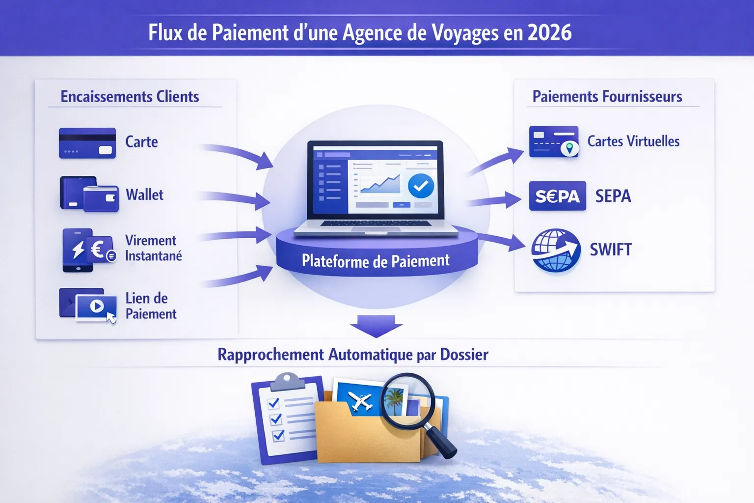 Schéma simple des flux de paiement d’une petite agence de voyages en 2026, montrant les encaissements clients (carte, wallet, virement instantané, lien de paiement), la centralisation dans une plateforme, puis les sorties fournisseurs (cartes virtuelles, SEPA, SWIFT) et le rapprochement automatique par dossier.