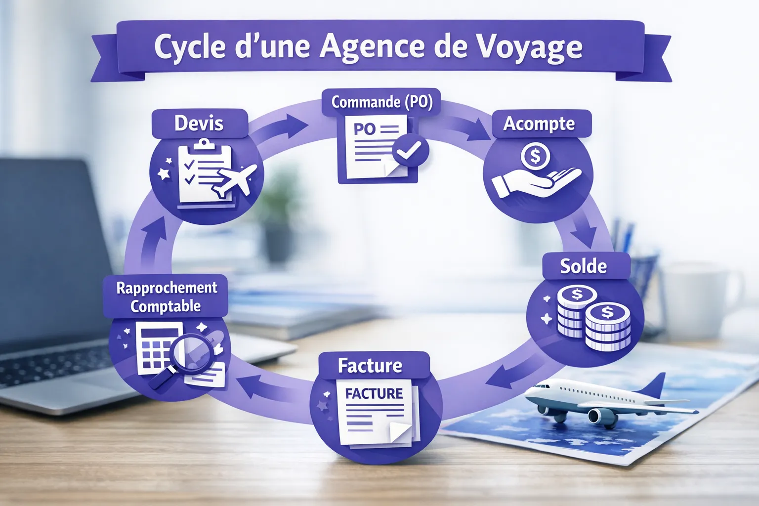 Schéma simple du cycle corporate d’une agence de voyage, avec étapes devis, commande (PO), acompte, solde, facture, et rapprochement comptable.
