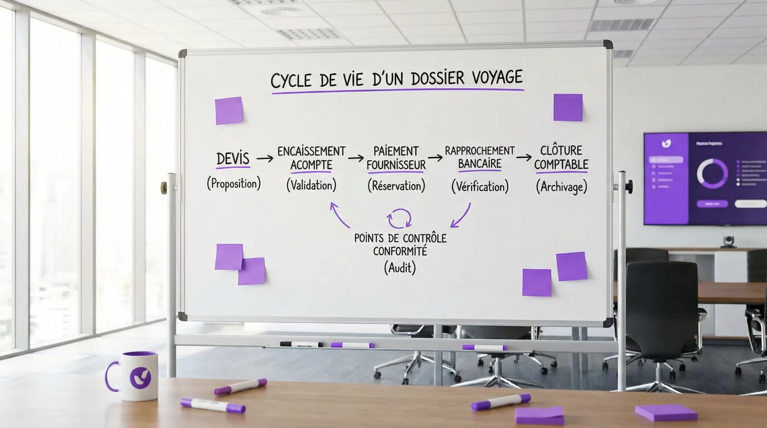 Schéma simple du cycle de vie d’un dossier voyage, du devis à l’encaissement de l’acompte, paiement fournisseur, rapprochement bancaire et clôture comptable, avec points de contrôle conformité.