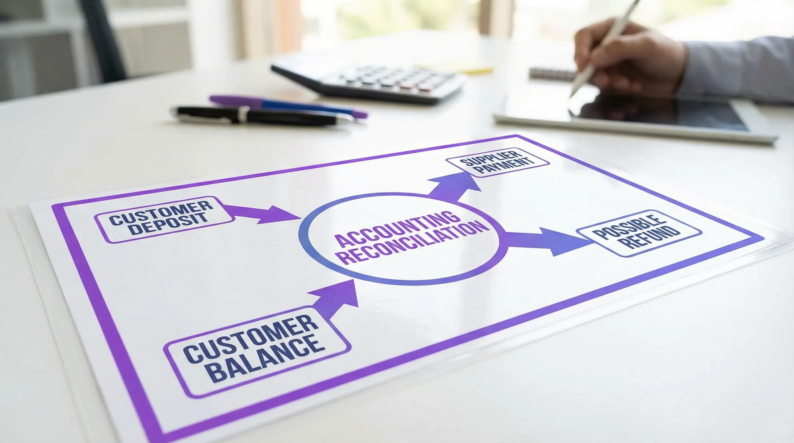 Schéma simple d’un flux financier d’agence de voyage, montrant acompte client, solde client, paiement fournisseur, remboursement éventuel, et rapprochement comptable au centre.