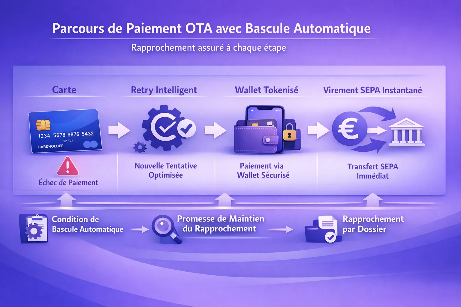 Schéma simple d’un parcours de paiement OTA avec bascule automatique: Carte → Retry intelligent → Wallet tokenisé → Virement SEPA instantané, chaque étape avec conditions de bascule et promesse de maintien du rapprochement par dossier.