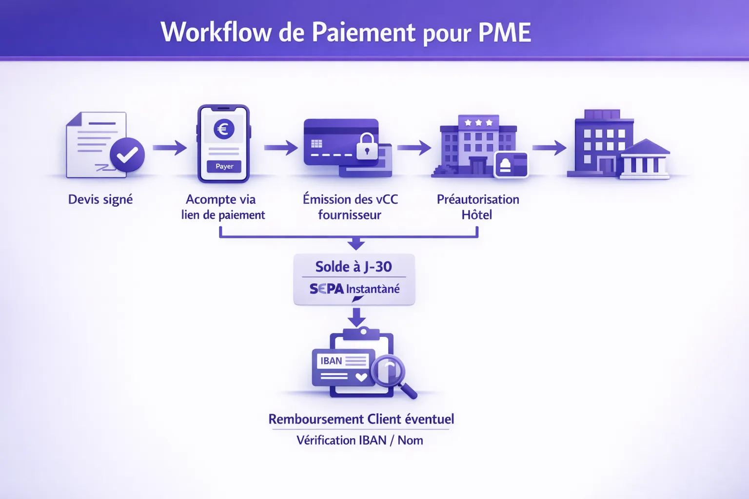 Schéma simple d’un workflow de paiement corporate pour PME, montrant les étapes Devis signé, Acompte via lien de paiement, Émission des vCC fournisseur, Préautorisation hôtel, Solde à J-30 par SEPA instantané, puis Remboursement client éventuel avec vérification IBAN/nom.