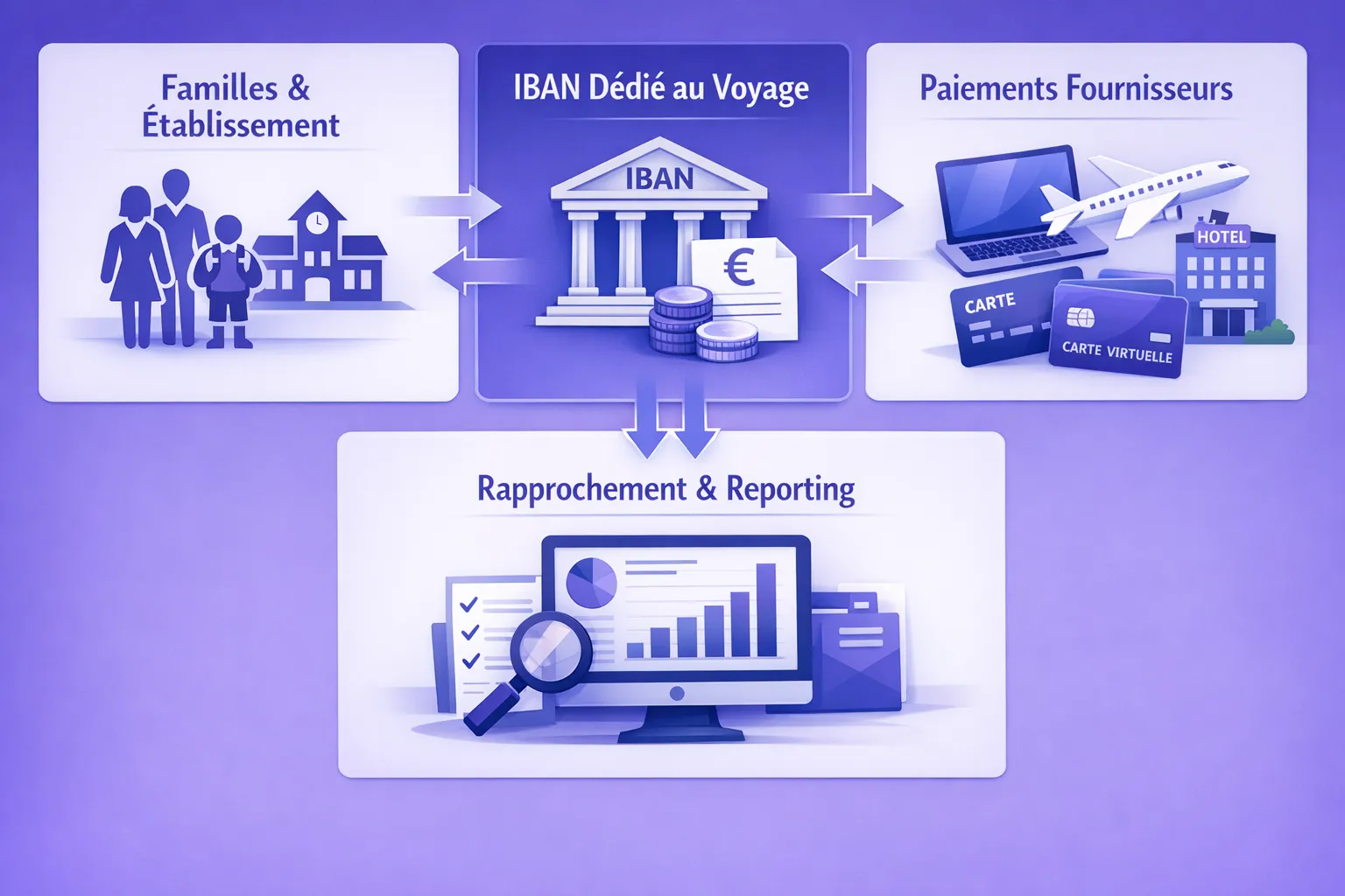 Schéma simple en 4 blocs montrant le flux d’une cagnotte de voyage scolaire: familles et établissement vers un IBAN dédié au voyage, puis paiements fournisseurs via cartes virtuelles, puis rapprochement automatique et reporting pour l’agence.