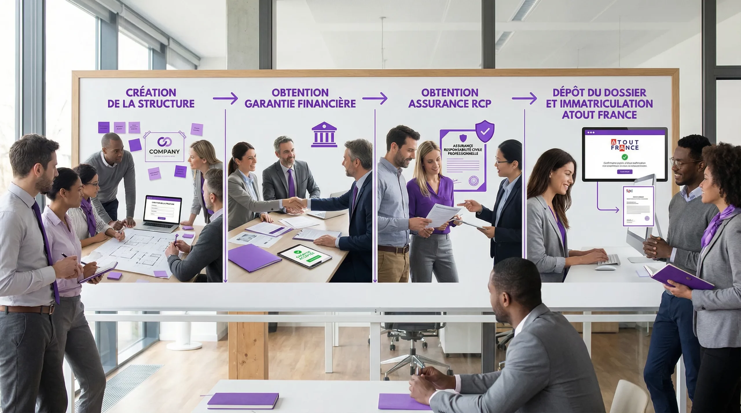 Schéma simple en 4 étapes montrant le parcours: création de la structure, obtention garantie financière, obtention assurance RCP, dépôt du dossier et immatriculation Atout France.
