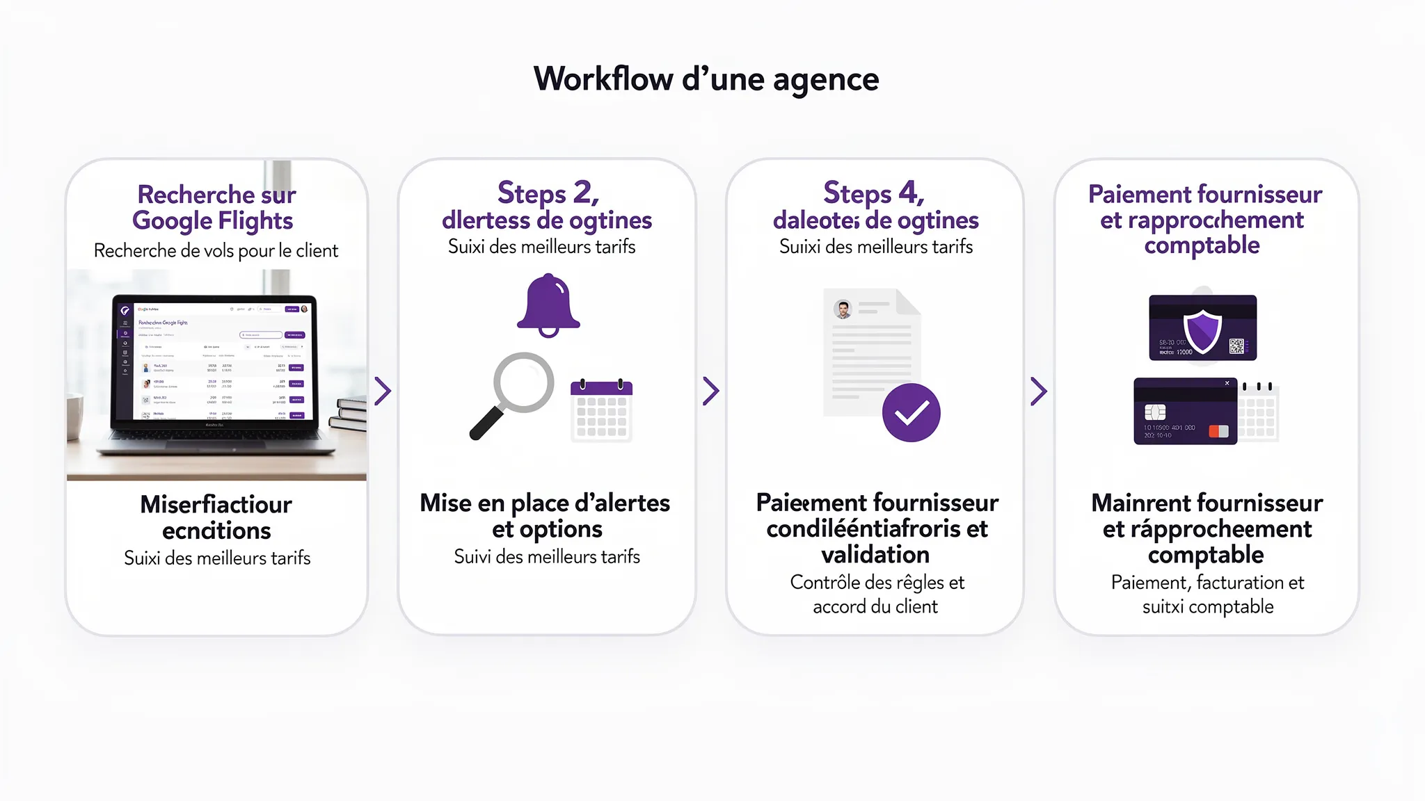 Schéma simple en 4 étapes montrant le workflow d’une agence : Recherche sur Google Flights, Mise en place d’alertes et options, Vérification des conditions tarifaires et validation client, Paiement fournisseur sécurisé et rapprochement comptable.