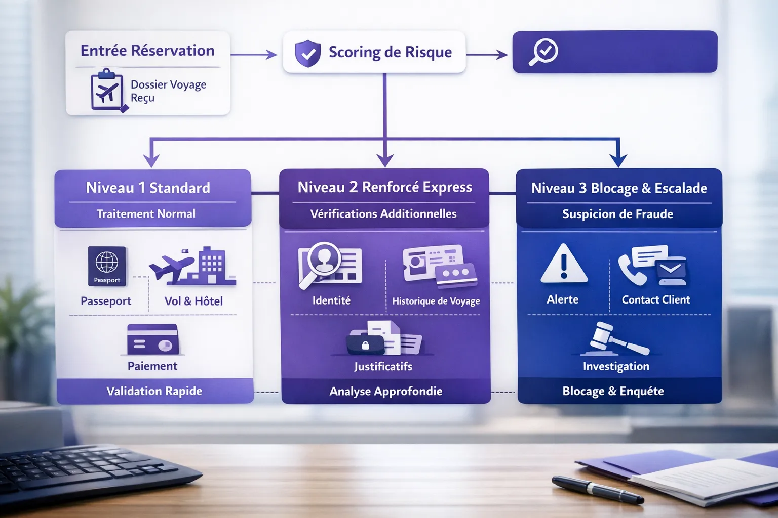 Schéma simple en trois niveaux montrant un flux de traitement d’un dossier voyage: entrée réservation, scoring de risque, branche niveau 1 standard, niveau 2 renforcé express, niveau 3 blocage et escalade, avec les preuves clés associées à chaque niveau.
