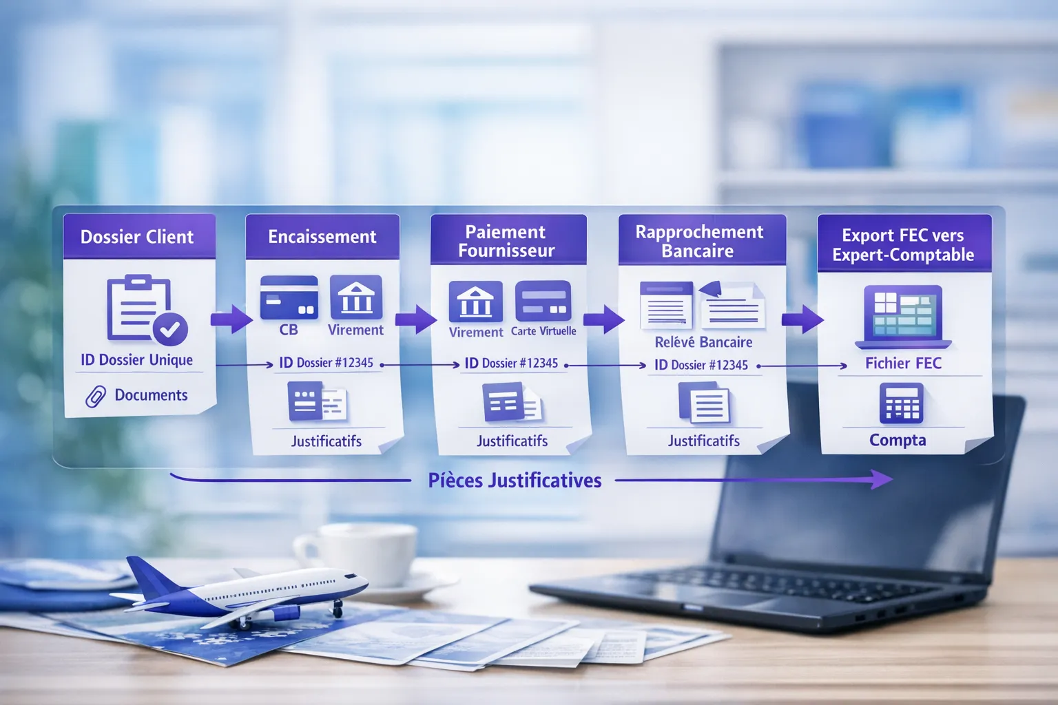 Schéma simple montrant le flux d’une agence de voyages entre dossier client, encaissement (CB/virement), paiement fournisseur (virement/carte virtuelle), rapprochement bancaire, puis export comptable FEC vers l’expert-comptable. Les flèches mettent en avant l’identifiant de dossier unique et les pièces justificatives.