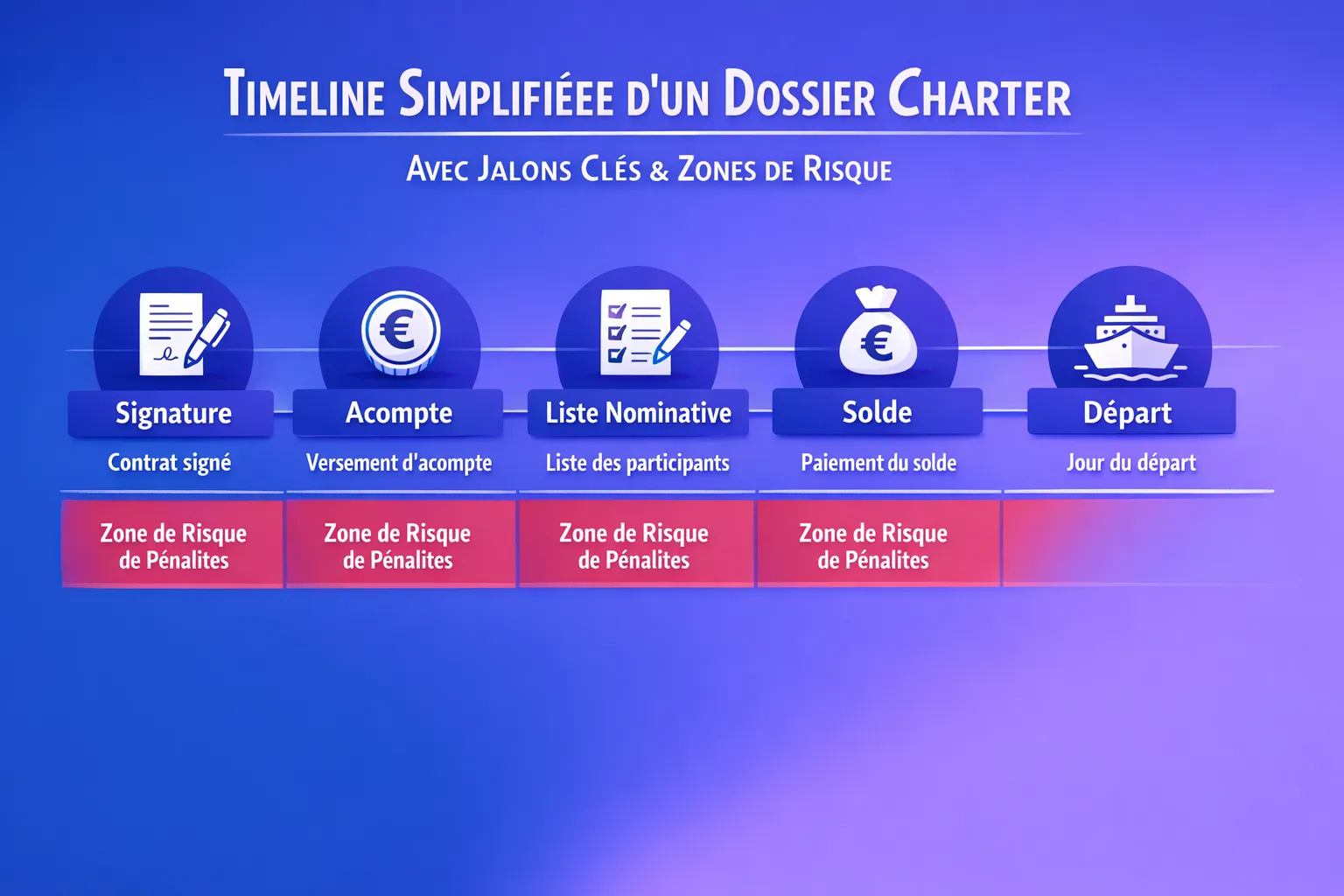 Timeline simplifiée d’un dossier charter avec jalons clés (signature, acompte, liste nominative, solde, départ) et zones de risque de pénalités si une action est en retard.