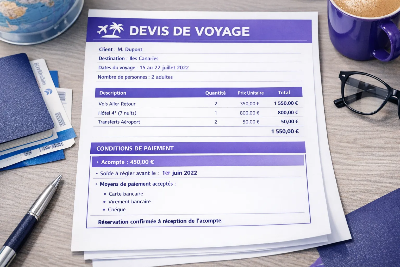 Un exemple de devis d’agence de voyage avec une zone surlignée “Conditions de paiement” montrant acompte, date limite du solde, moyens de paiement acceptés, et une mention “réservation confirmée à réception de l’acompte”. Le document est présenté de façon professionnelle, lisible, avec des encadrés.