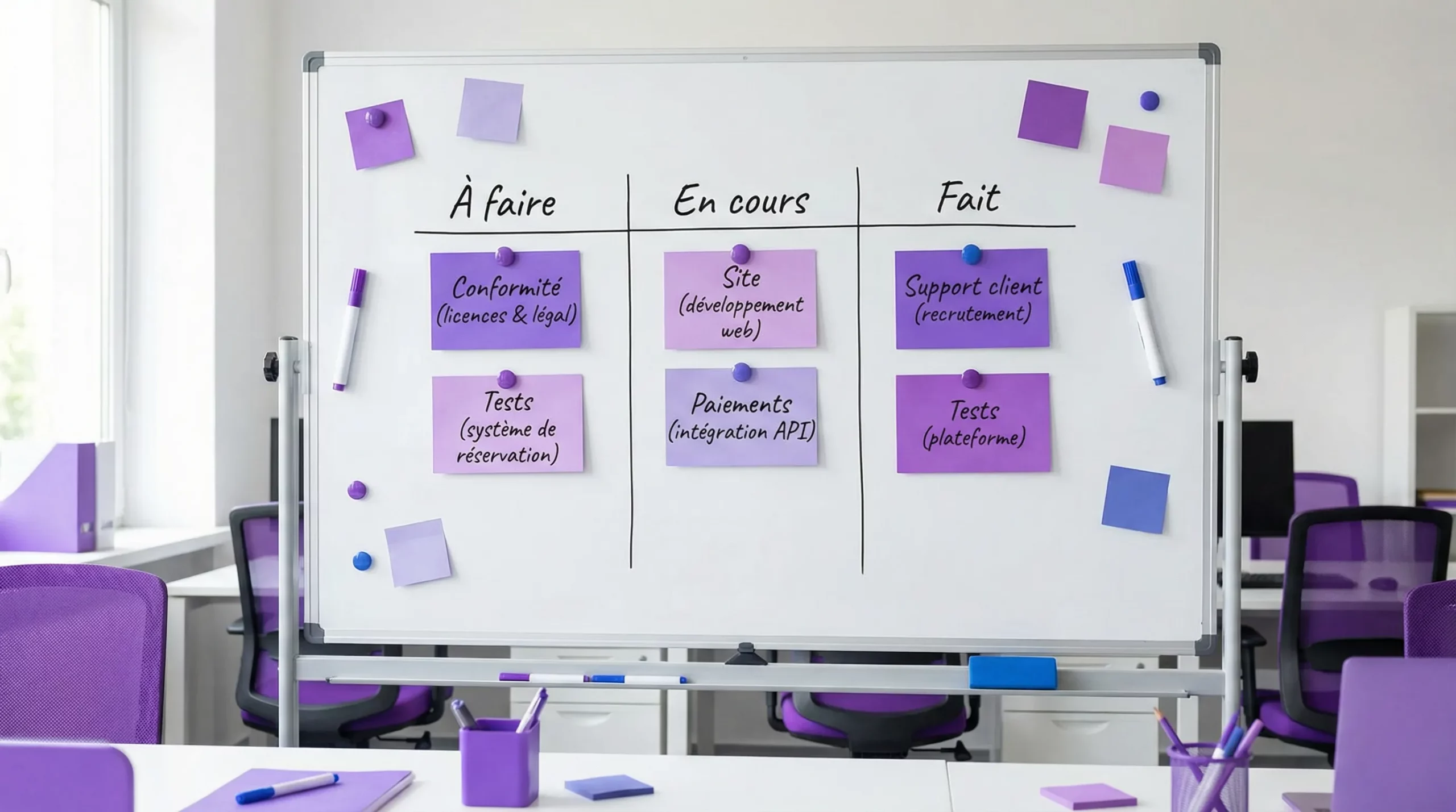 Une check-list de lancement d’agence de voyage en ligne sous forme de tableau avec colonnes “À faire”, “En cours”, “Fait”, et des cartes représentant conformité, site, paiements, tests, support client.