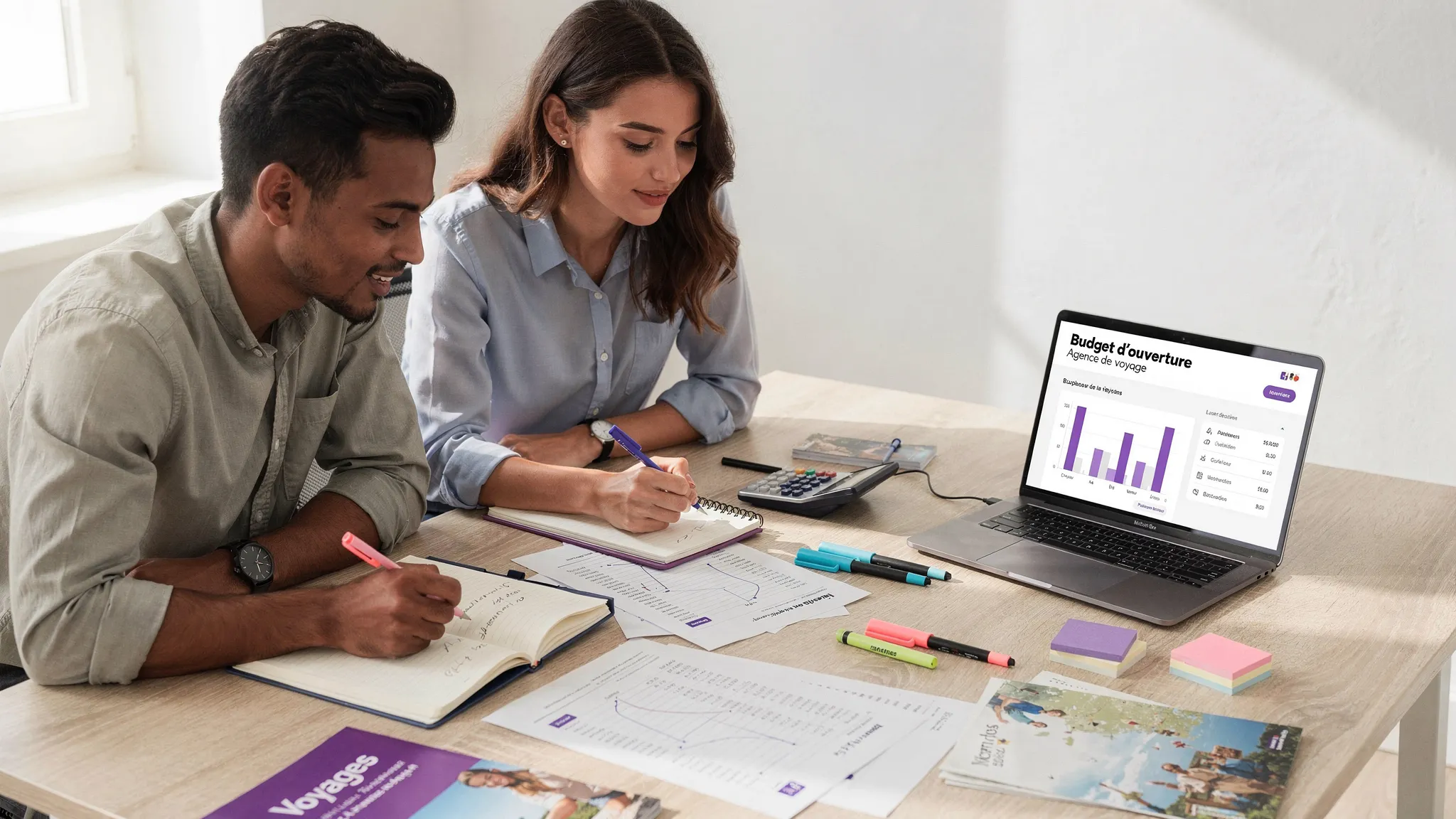 Une petite équipe prépare le budget d’ouverture d’une agence de voyage sur une table de travail avec documents, calculatrice, carnet et un ordinateur portable orienté vers eux, dans un bureau simple et lumineux.