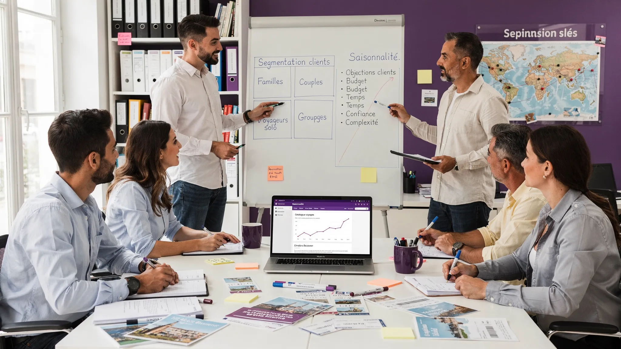 Une scène de bureau avec une petite équipe d’agence de voyages autour d’un tableau, où l’on voit une matrice de segmentation client, une liste d’objections, et une courbe de saisonnalité. Des documents de voyage et un ordinateur portable sont posés sur la table, l’ambiance est professionnelle et orientée planification.
