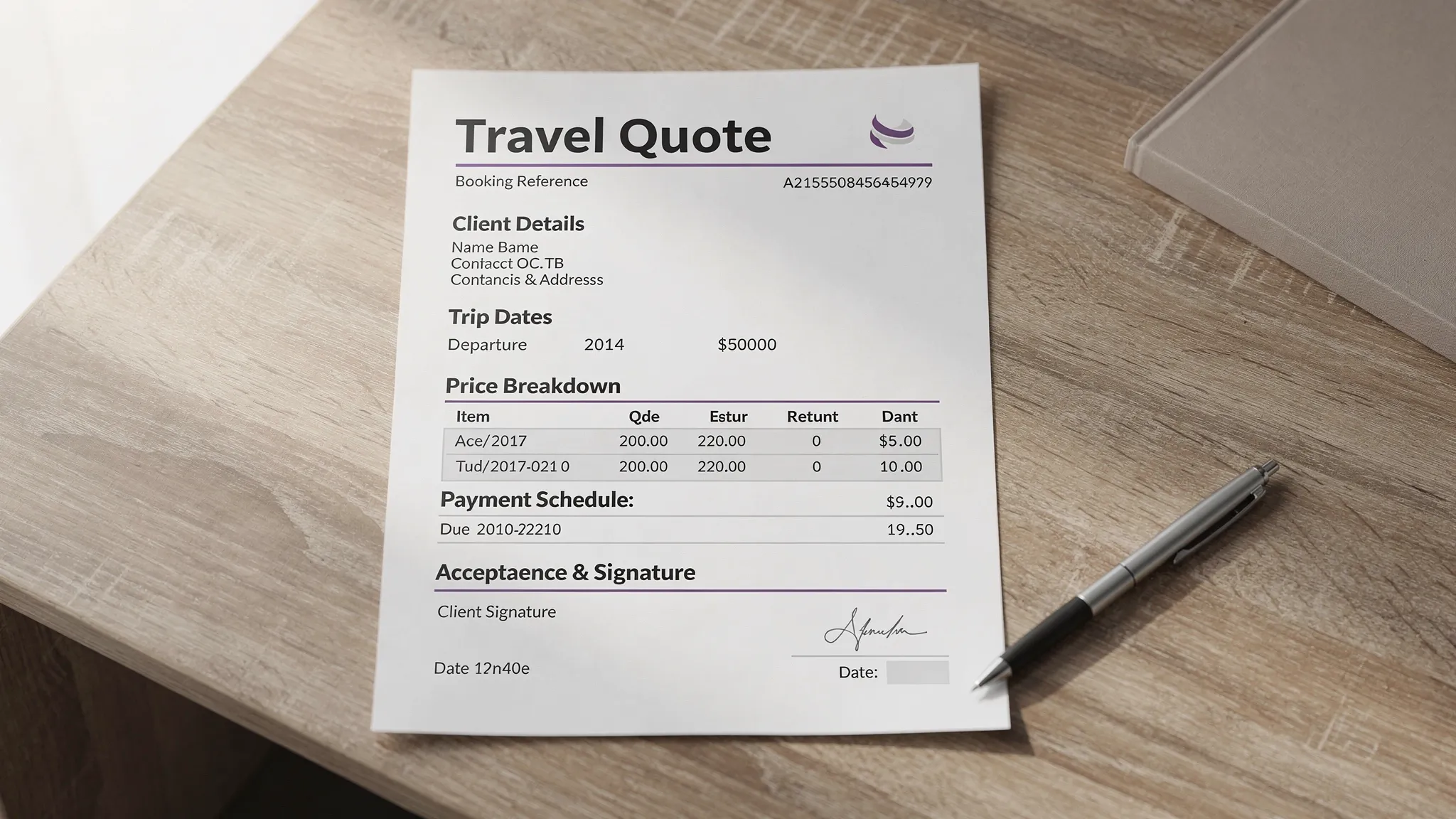 A clean travel agency quote template on a desk, showing key callouts like unique booking reference, client details, trip dates, price breakdown, payment schedule, and acceptance signature area. No brand logos, just a neutral professional layout.