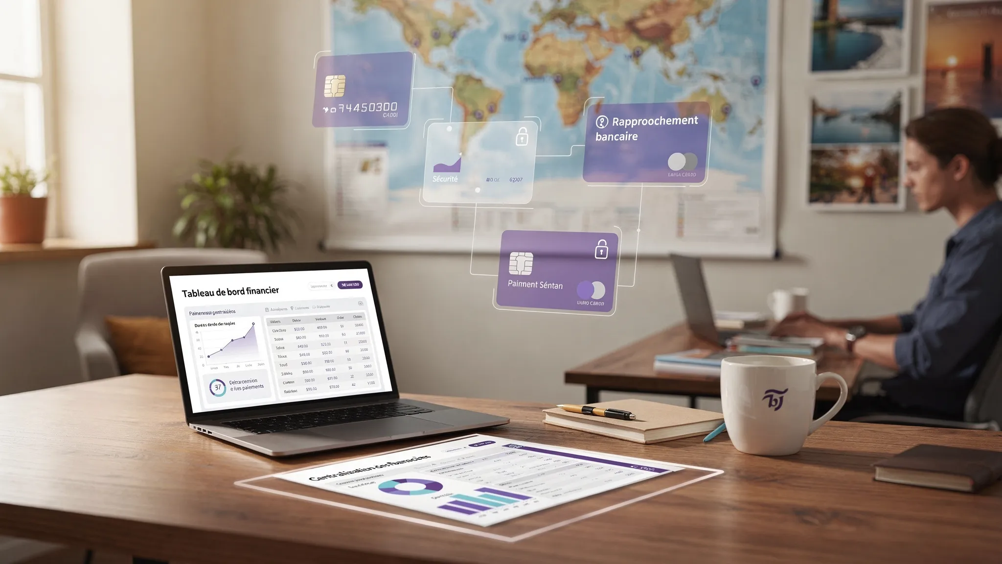 Bureau d’une petite agence de voyage, avec un tableau de bord financier imprimé et des cartes virtuelles représentées de manière abstraite, symbolisant la centralisation des paiements, la sécurité et le rapprochement bancaire.