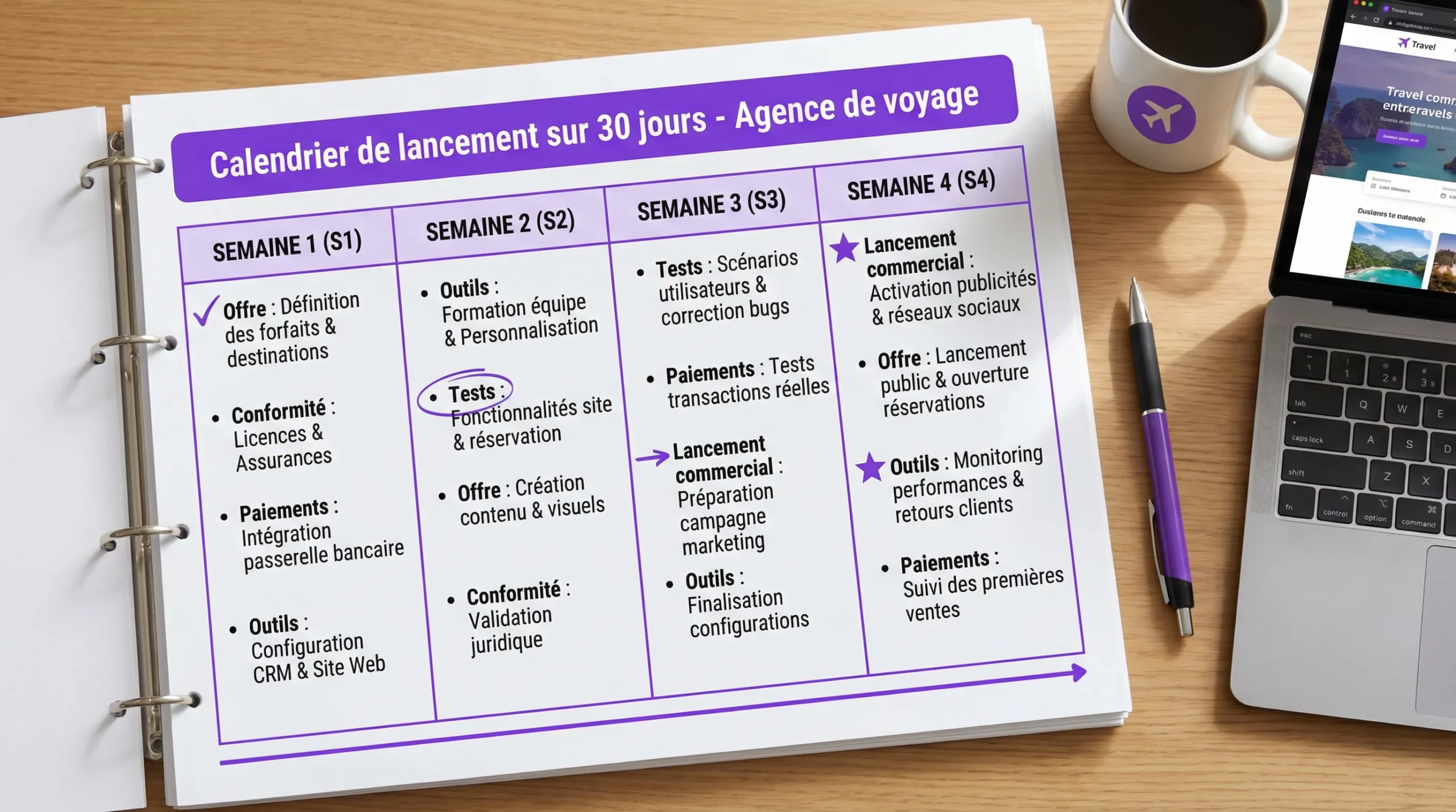 Calendrier de lancement sur 30 jours pour une agence de voyage, présenté comme un planning simple par semaines (S1 à S4) avec les livrables clés: offre, conformité, paiements, outils, tests, lancement commercial.