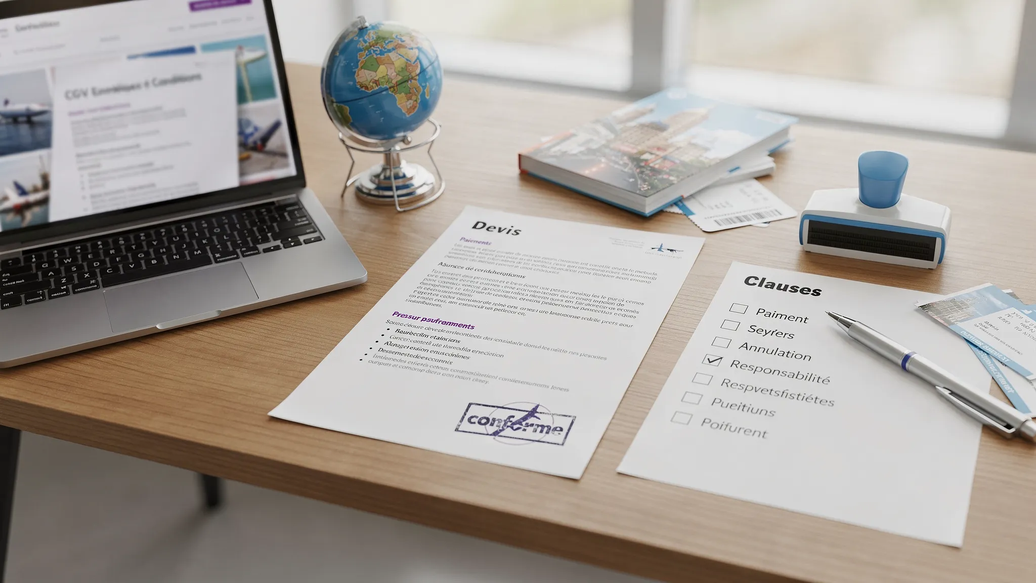 Illustration d’une agence de voyages préparant ses CGV sur une table avec un ordinateur portable, un devis imprimé, une checklist de clauses (paiement, annulation, responsabilité) et un tampon “conforme”.