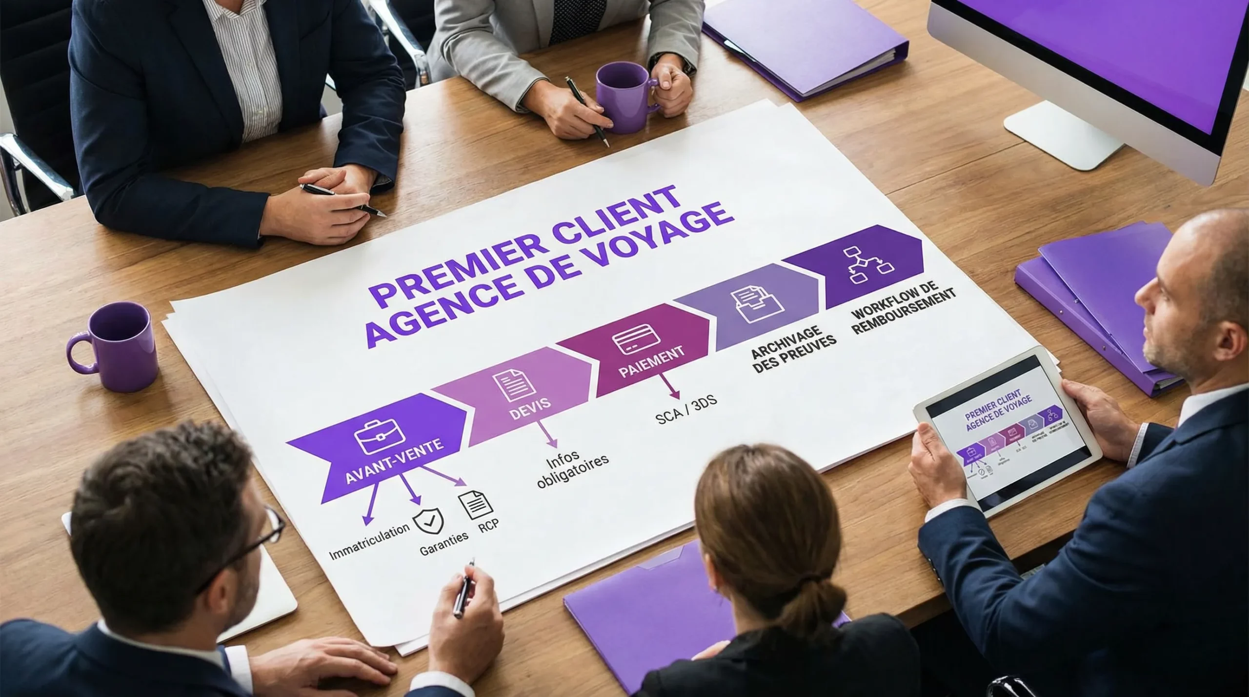 Illustration d’une timeline “premier client” pour une agence de voyage, avec les étapes avant-vente (immatriculation, garanties, RCP), devis (infos obligatoires), paiement (SCA/3DS), puis archivage des preuves et workflow de remboursement.