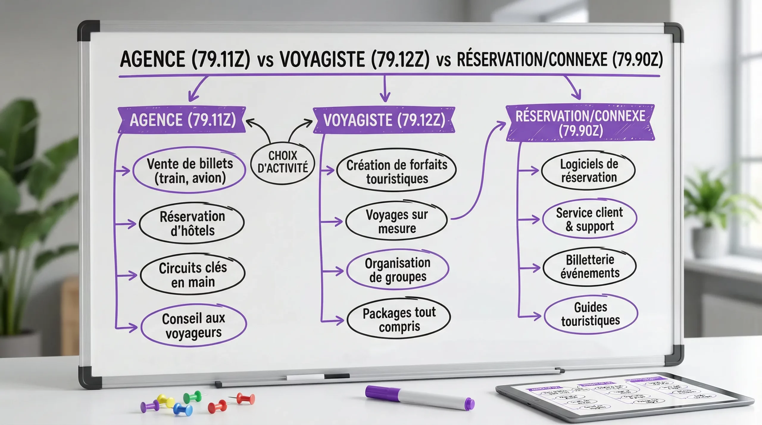 Schéma simple de décision “Agence (79.11Z) vs Voyagiste (79.12Z) vs Réservation/connexe (79.90Z)” avec trois branches et exemples d’offres.