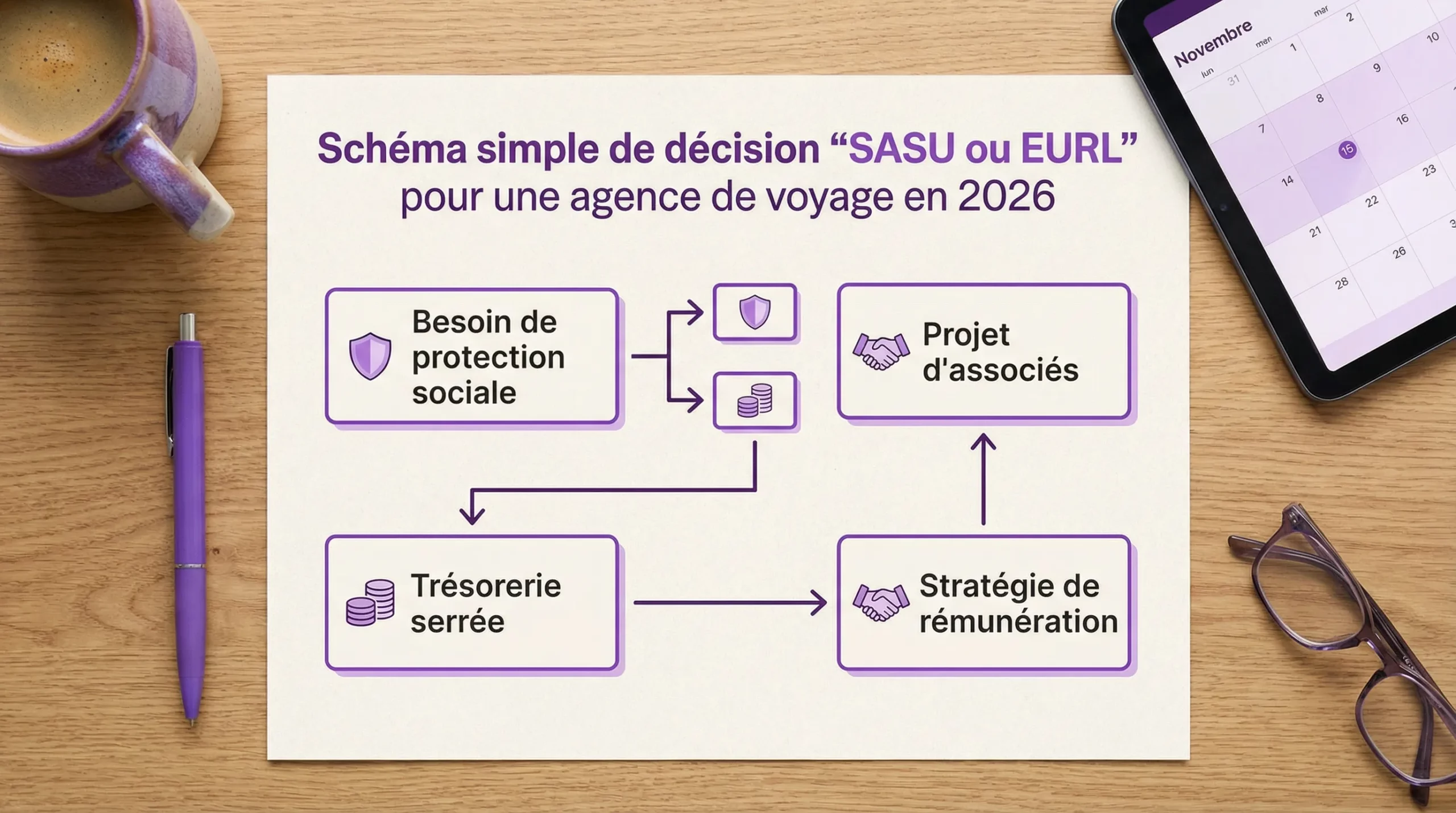 Schéma simple de décision “SASU ou EURL” pour une agence de voyage en 2026, avec 4 questions en blocs: besoin de protection sociale, trésorerie serrée, projet d’associés, stratégie de rémunération.