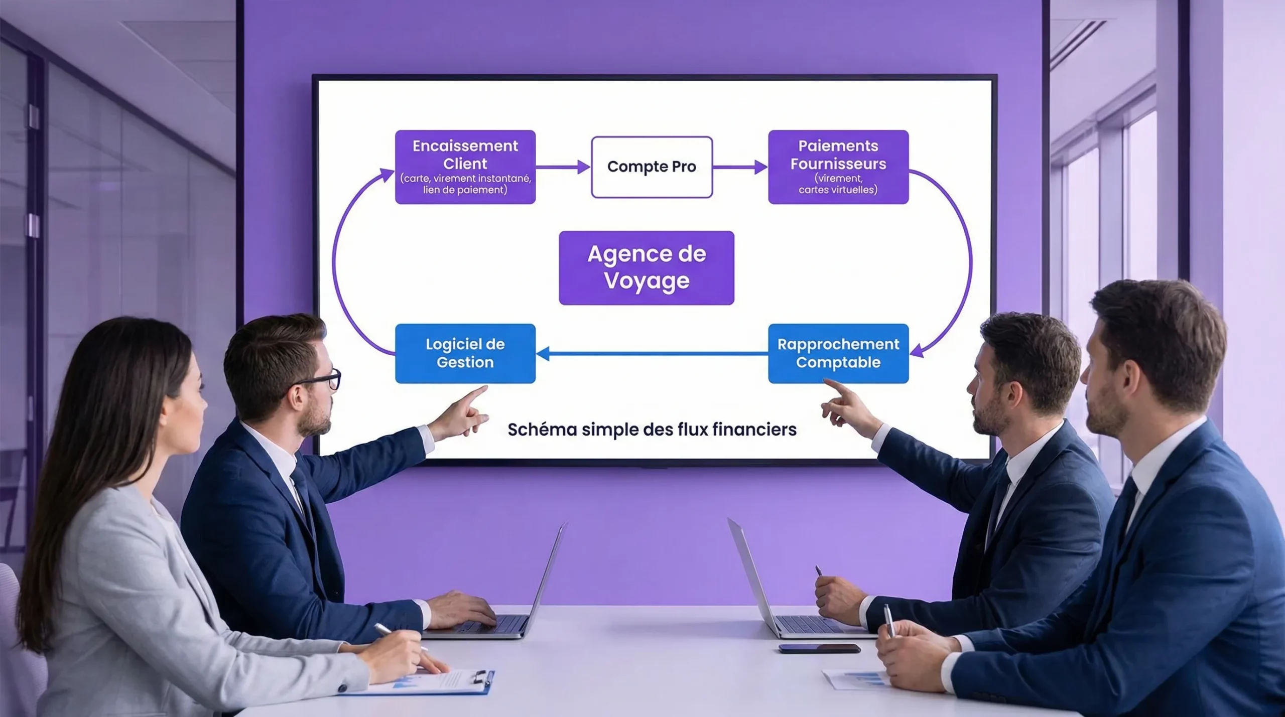 Schéma simple des flux financiers d’une agence de voyage: encaissement client (carte, virement instantané, lien de paiement) vers un compte pro, puis paiements fournisseurs (virement, cartes virtuelles) et boucle de rapprochement comptable avec le logiciel de gestion.