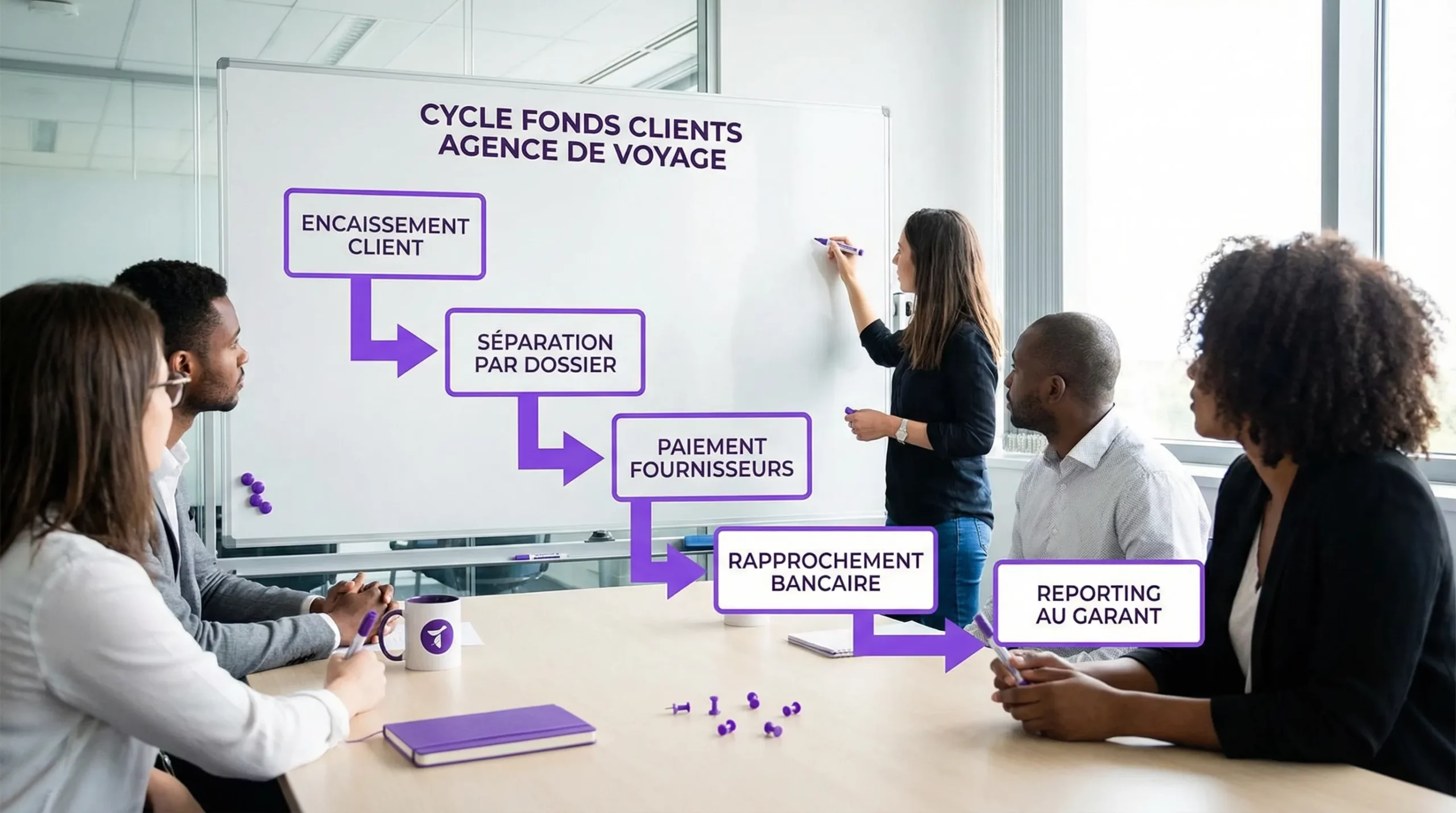 Schéma simple du cycle fonds clients d’une agence de voyage: encaissement client, séparation par dossier, paiement fournisseurs, rapprochement bancaire, reporting au garant.