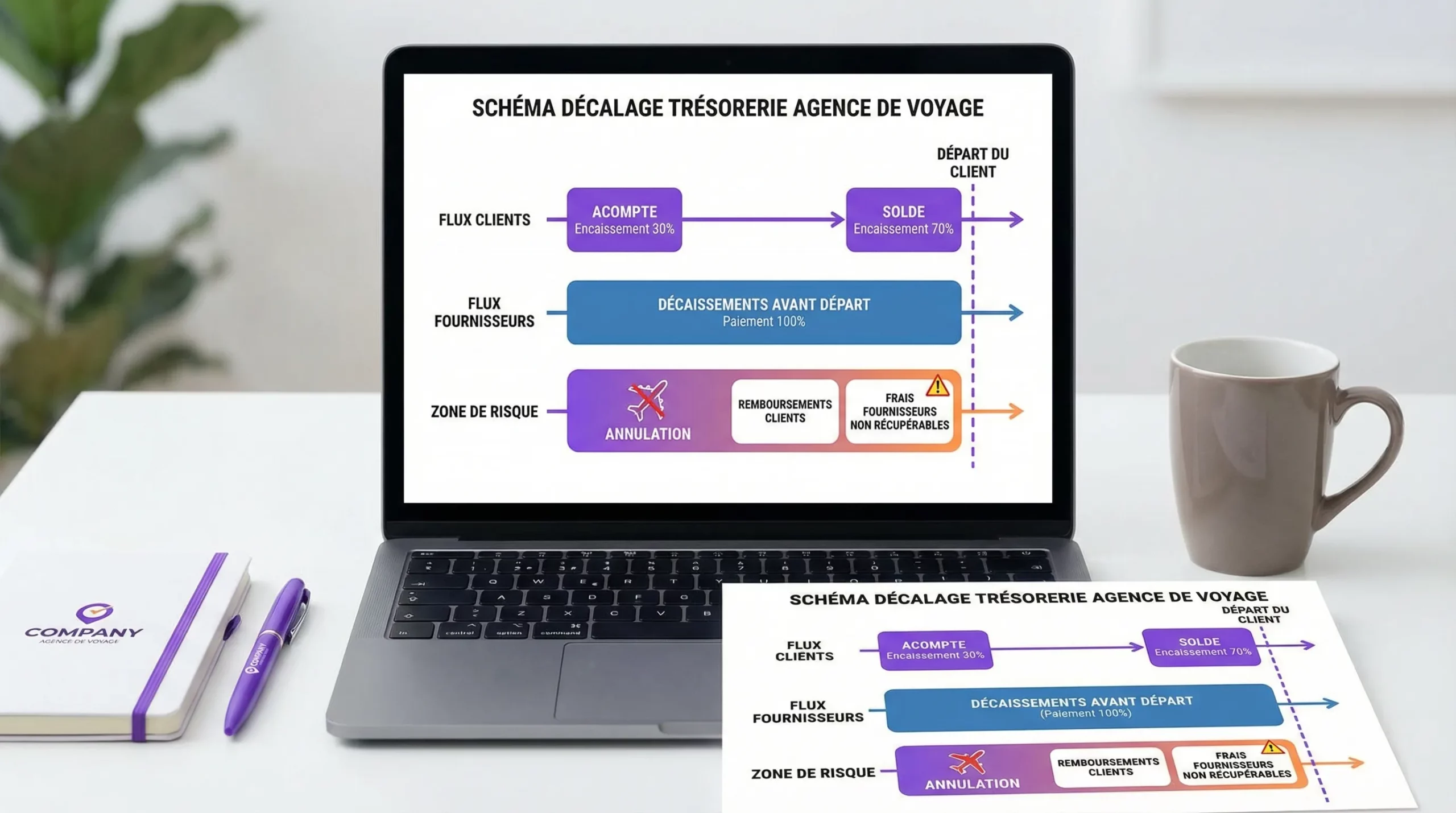 Schéma simple du décalage de trésorerie d’une agence de voyage : encaissement client en plusieurs étapes (acompte puis solde), décaissements fournisseurs avant départ, et zone de risque en cas d’annulation avec remboursements et frais.