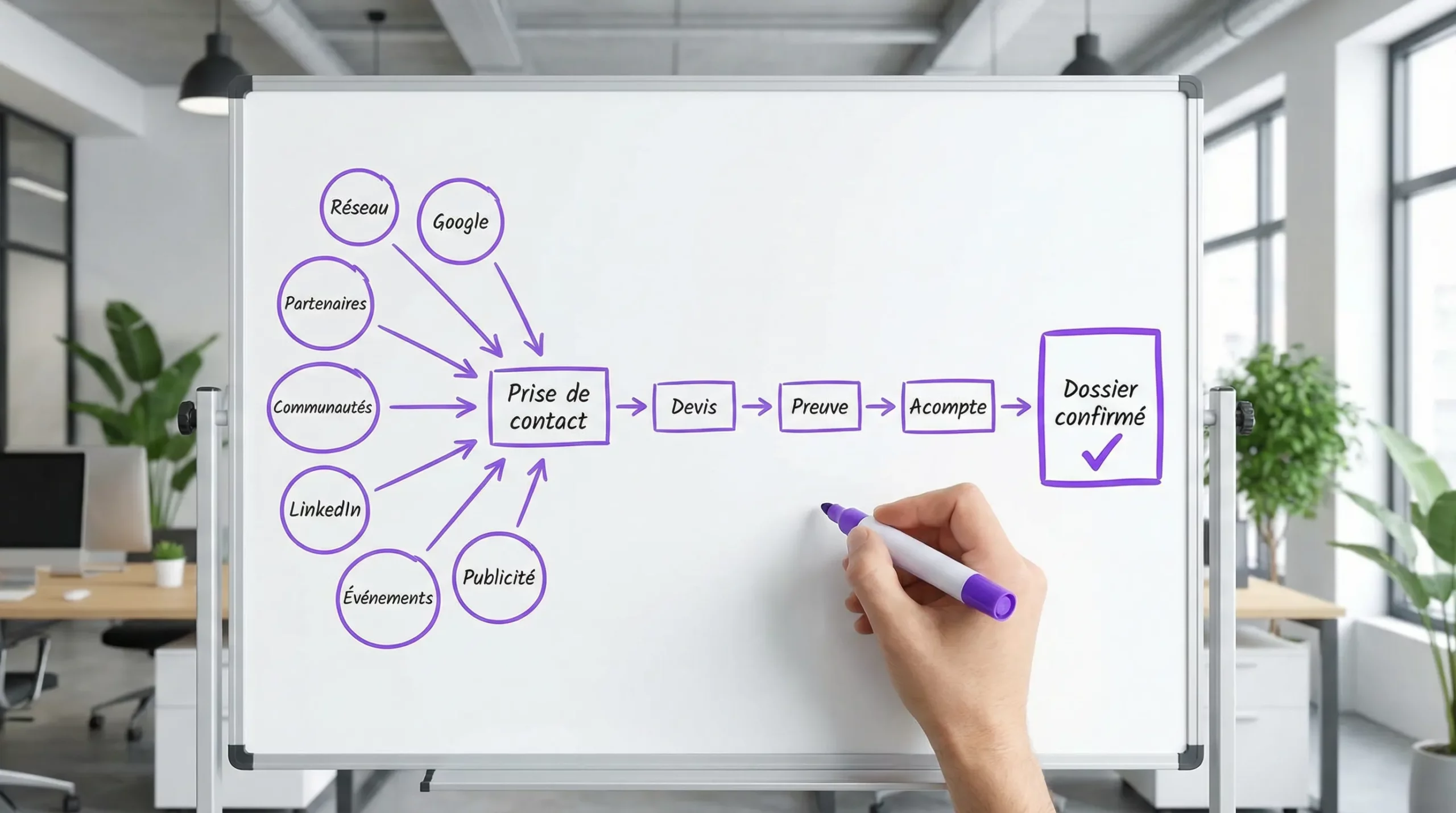 Schéma simple du parcours d’acquisition d’une agence de voyage: canaux (réseau, Google, partenaires, communautés, LinkedIn, événements, publicité) vers prise de contact, puis devis, preuve, acompte, dossier confirmé.