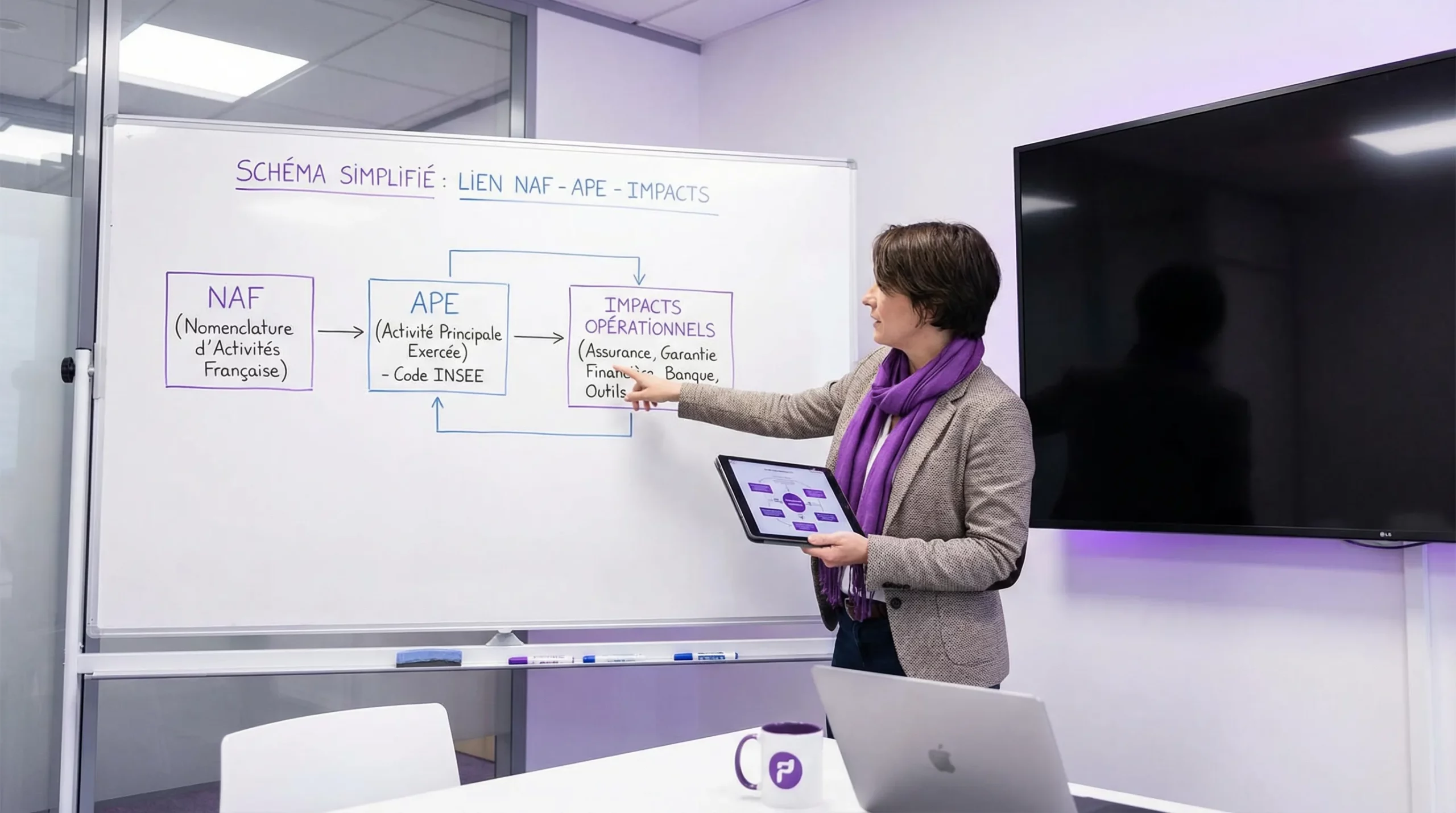 Schéma simple expliquant le lien entre NAF (nomenclature), APE (code attribué par l’INSEE), puis impacts opérationnels (assurance, garantie financière, banque, outils).