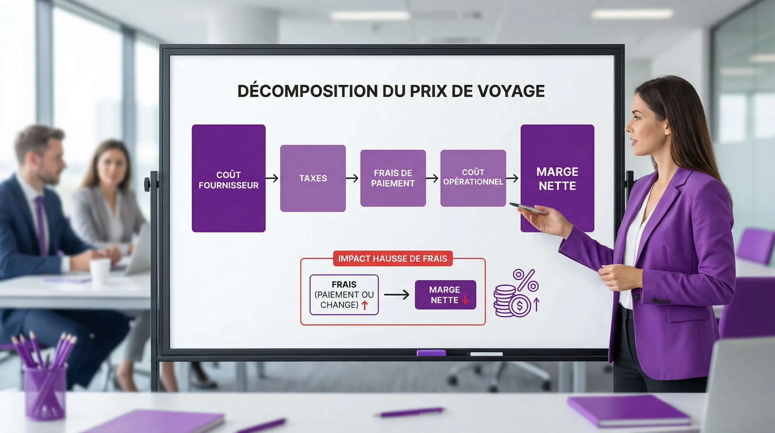 Schéma simple montrant la décomposition d’un prix de voyage en 5 blocs: coût fournisseur, taxes, frais de paiement, coût opérationnel, marge nette. À côté, un encart illustre comment une hausse de frais (paiement ou change) réduit la marge nette.