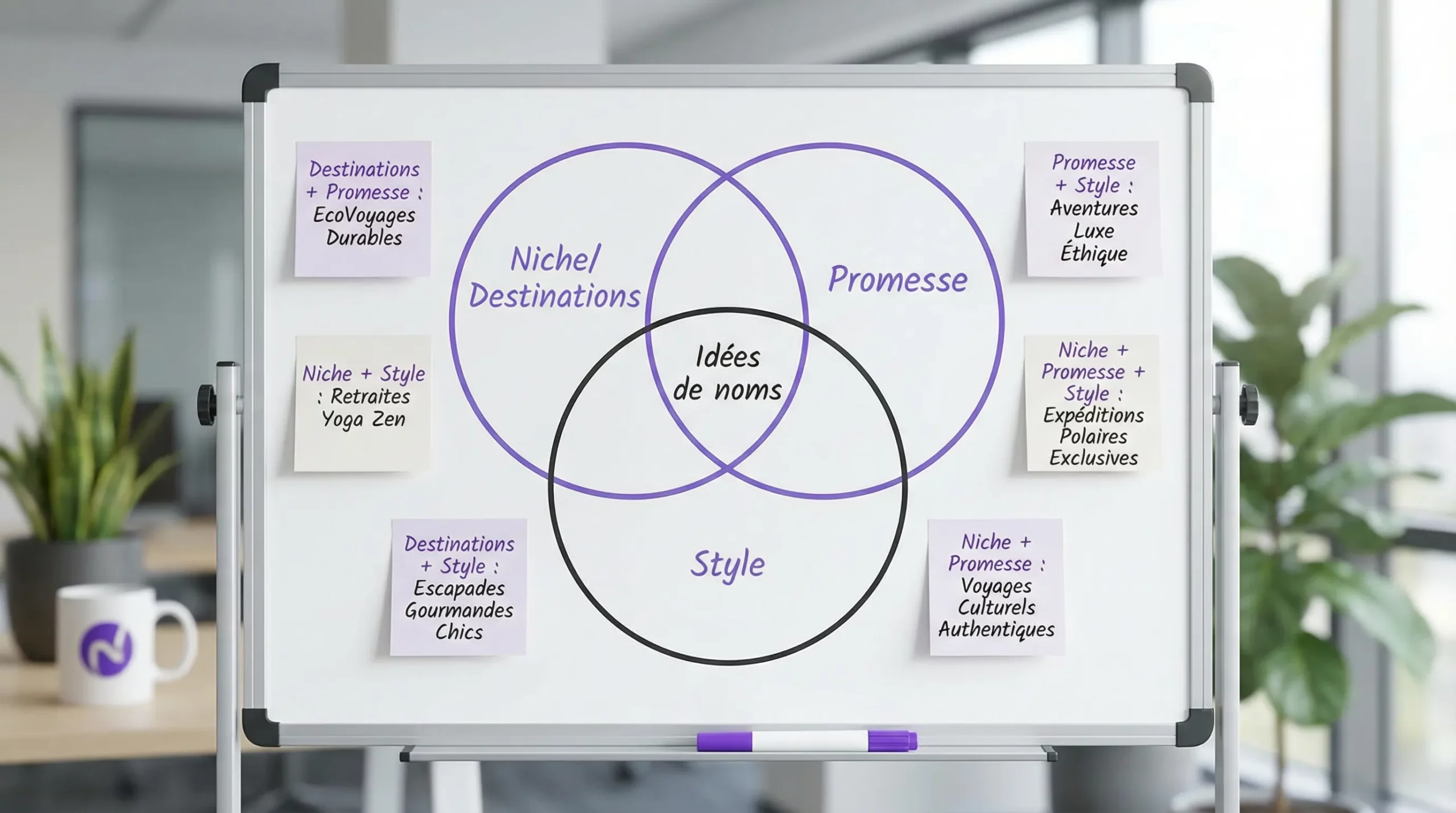 Schéma simple montrant trois cercles qui se chevauchent, intitulés “Niche/Destinations”, “Promesse”, “Style”, avec au centre “Idées de noms”, et 6 exemples de combinaisons autour.