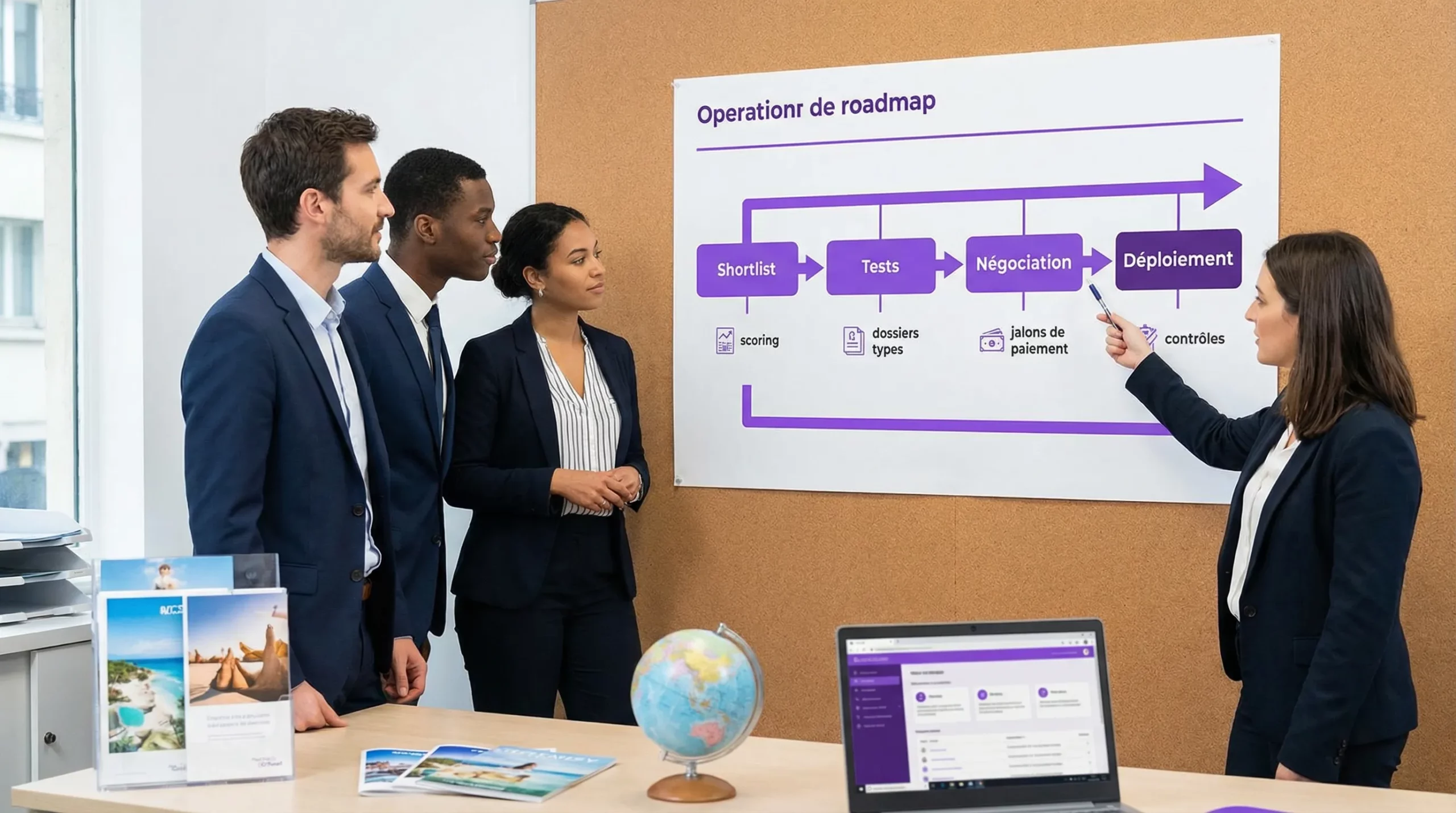 Un schéma simple en 4 blocs intitulés “Shortlist”, “Tests”, “Négociation”, “Déploiement”, avec sous-éléments “scoring”, “dossiers types”, “jalons de paiement”, “contrôles”. Le visuel ressemble à une feuille de route opérationnelle pour une agence de voyages.