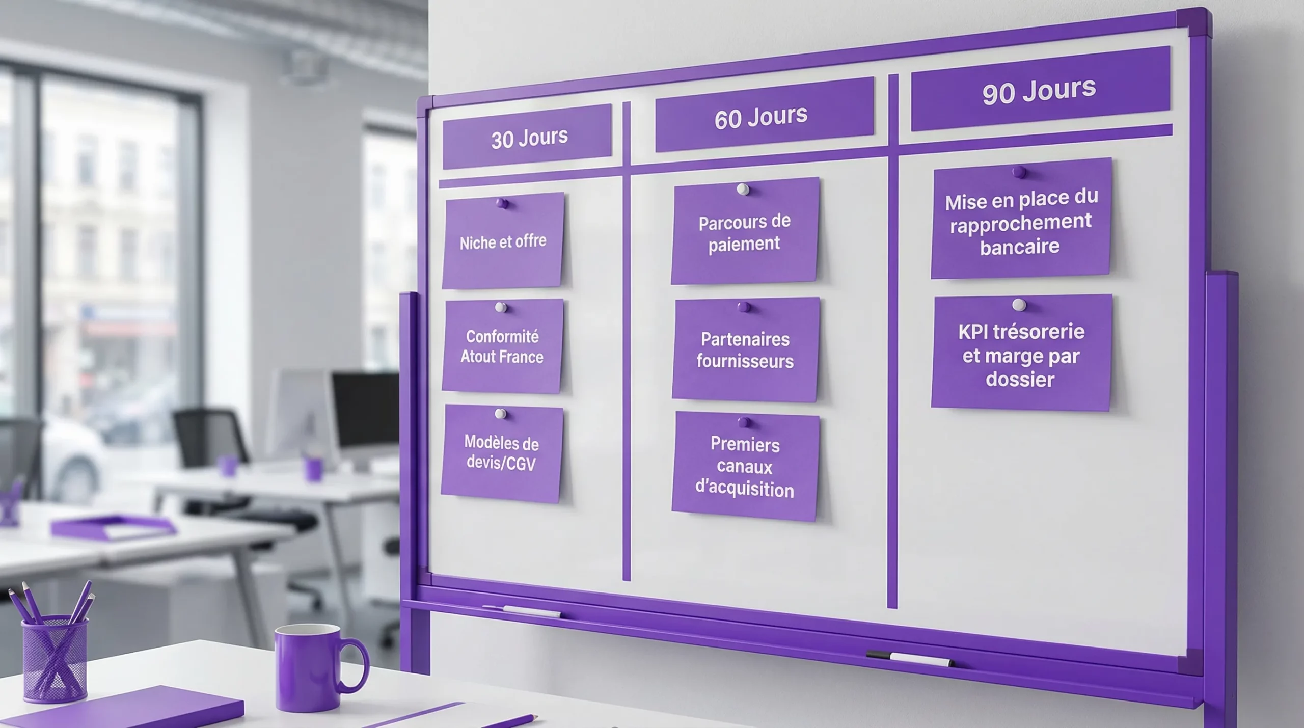Un tableau de bord de lancement d’agence de voyage en 3 colonnes (30 jours, 60 jours, 90 jours) avec des cartes tâches: niche et offre, conformité Atout France, modèles de devis/CGV, parcours de paiement, partenaires fournisseurs, premiers canaux d’acquisition, mise en place du rapprochement bancaire, KPI trésorerie et marge par dossier.