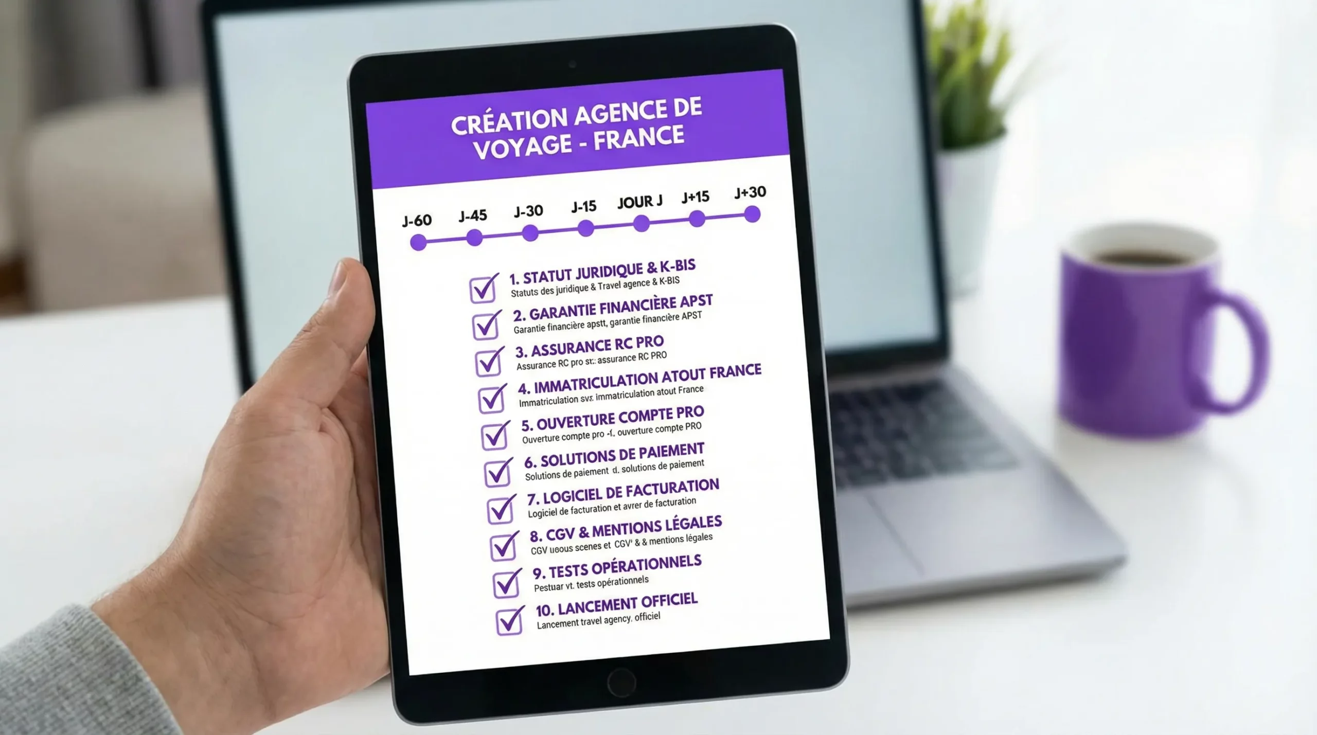 Un visuel de checklist en 10 étapes pour créer une agence de voyage en France, avec une timeline simple (J-60 à J+30) montrant les grandes démarches: statut, garantie financière, RC Pro, immatriculation Atout France, compte pro, paiements, facturation, CGV, tests, lancement.