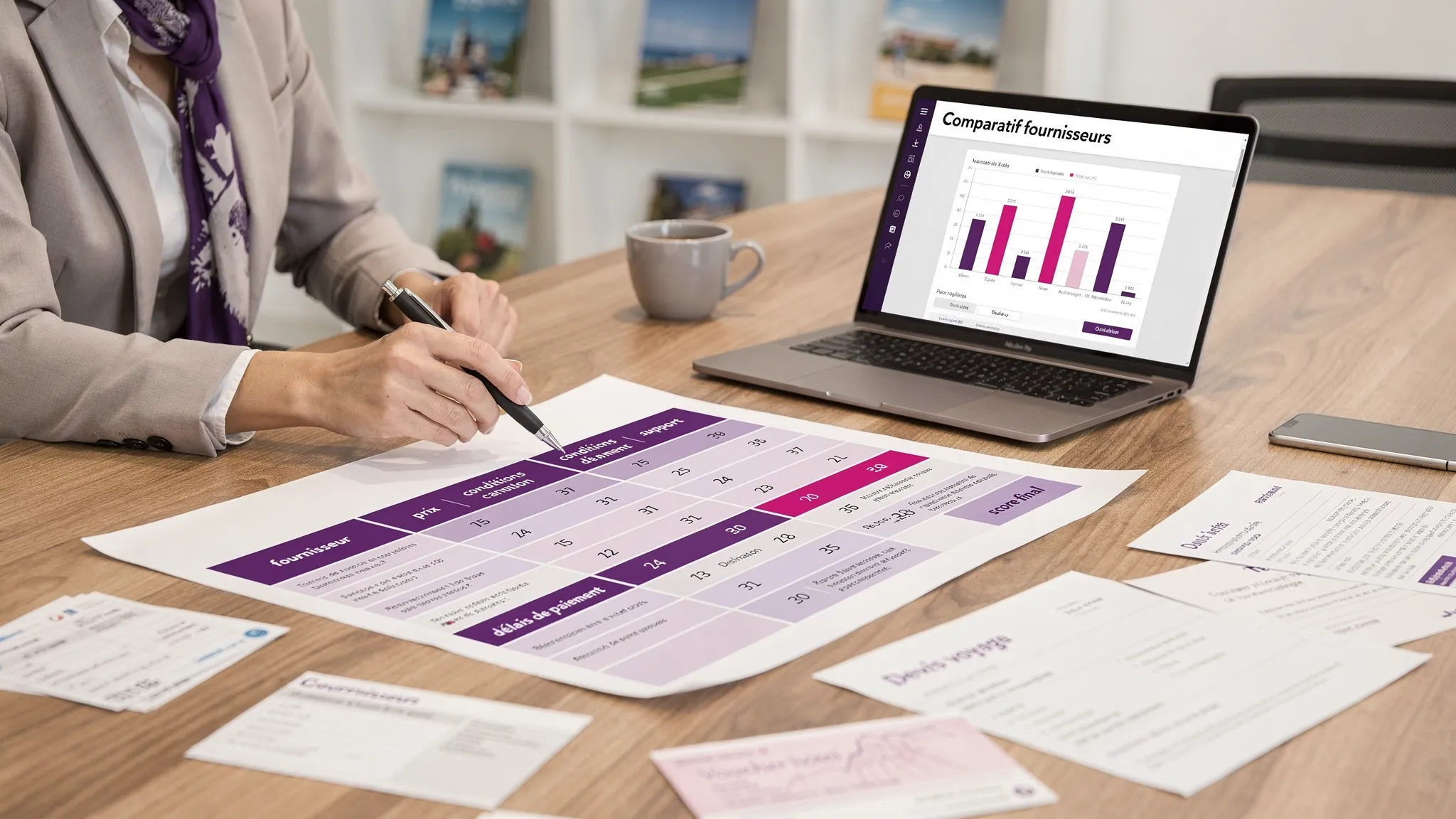 Une agence de voyages compare plusieurs fournisseurs sur une matrice de scoring imprimée, avec colonnes “prix”, “conditions d’annulation”, “délais de paiement”, “support”, et un calcul de score final. Sur la table, on voit un ordinateur portable ouvert (écran orienté vers la personne) et des documents de devis/vouchers.