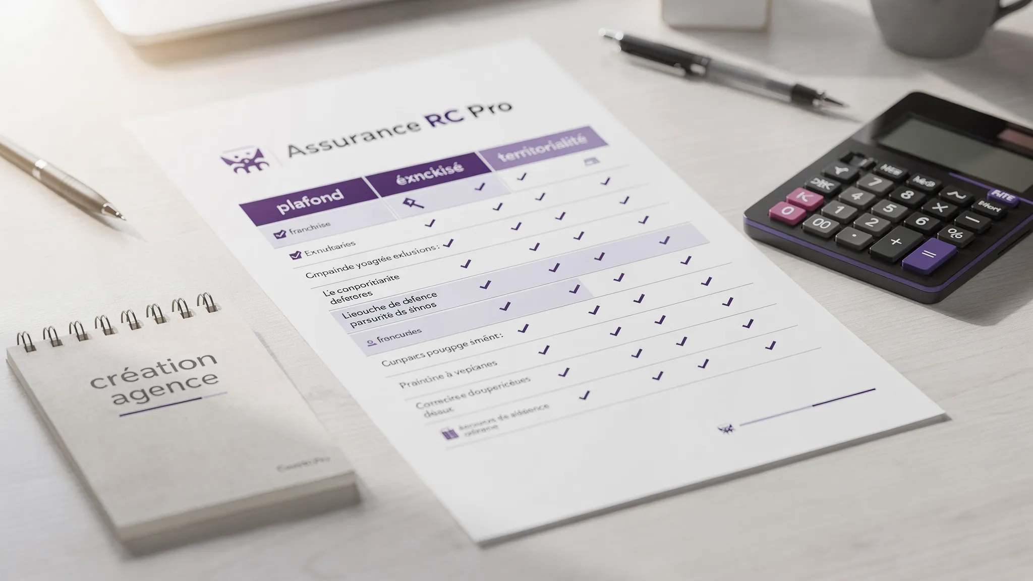 Une check-list de comparaison d’assurance RC Pro pour agence de voyages, posée sur un bureau, avec des colonnes 