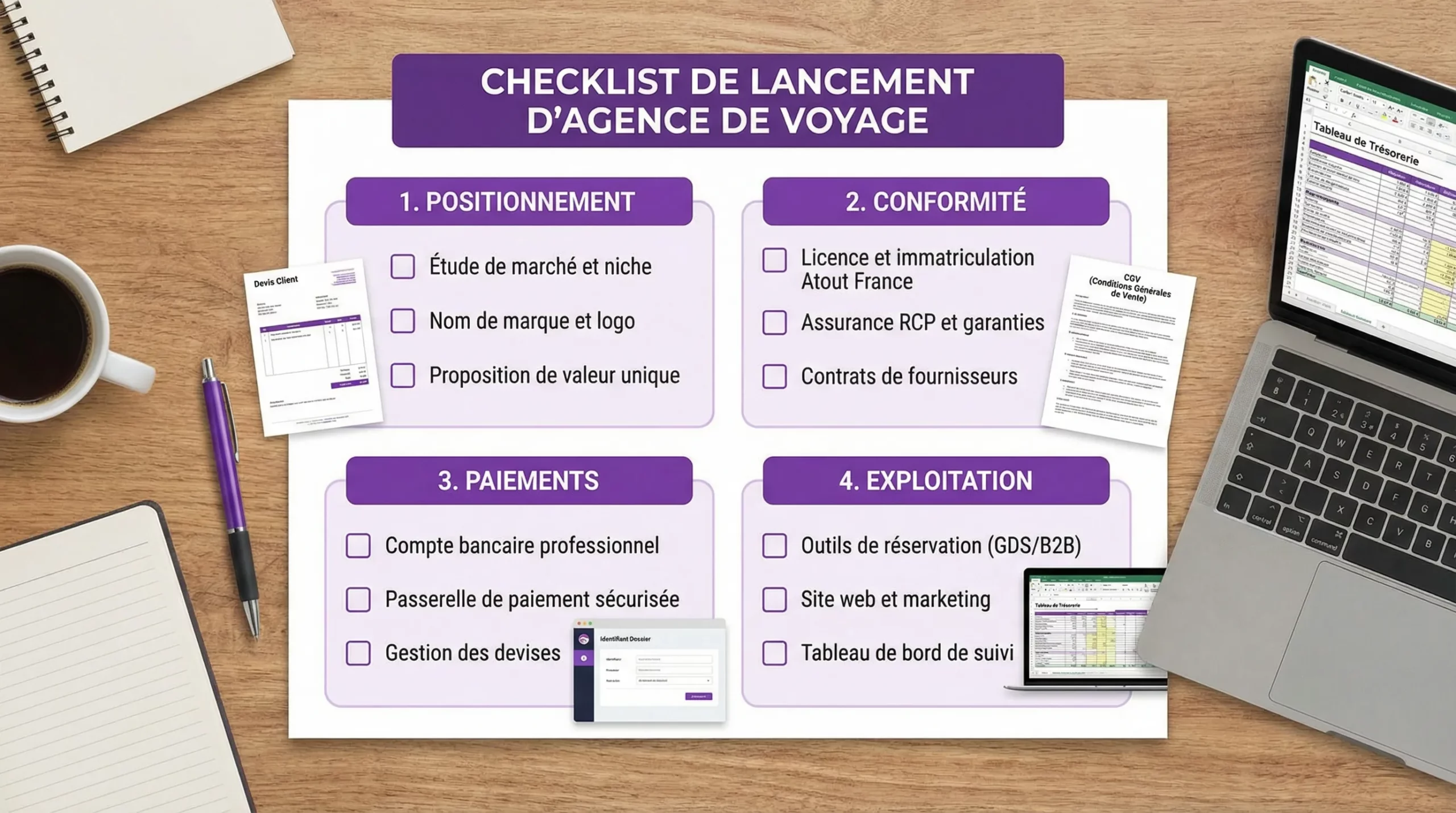 Une checklist simple de lancement d’agence de voyage, organisée en 4 blocs: positionnement, conformité, paiements, et exploitation, avec des cases à cocher et des exemples de livrables (devis, CGV, identifiant dossier, tableau de trésorerie).