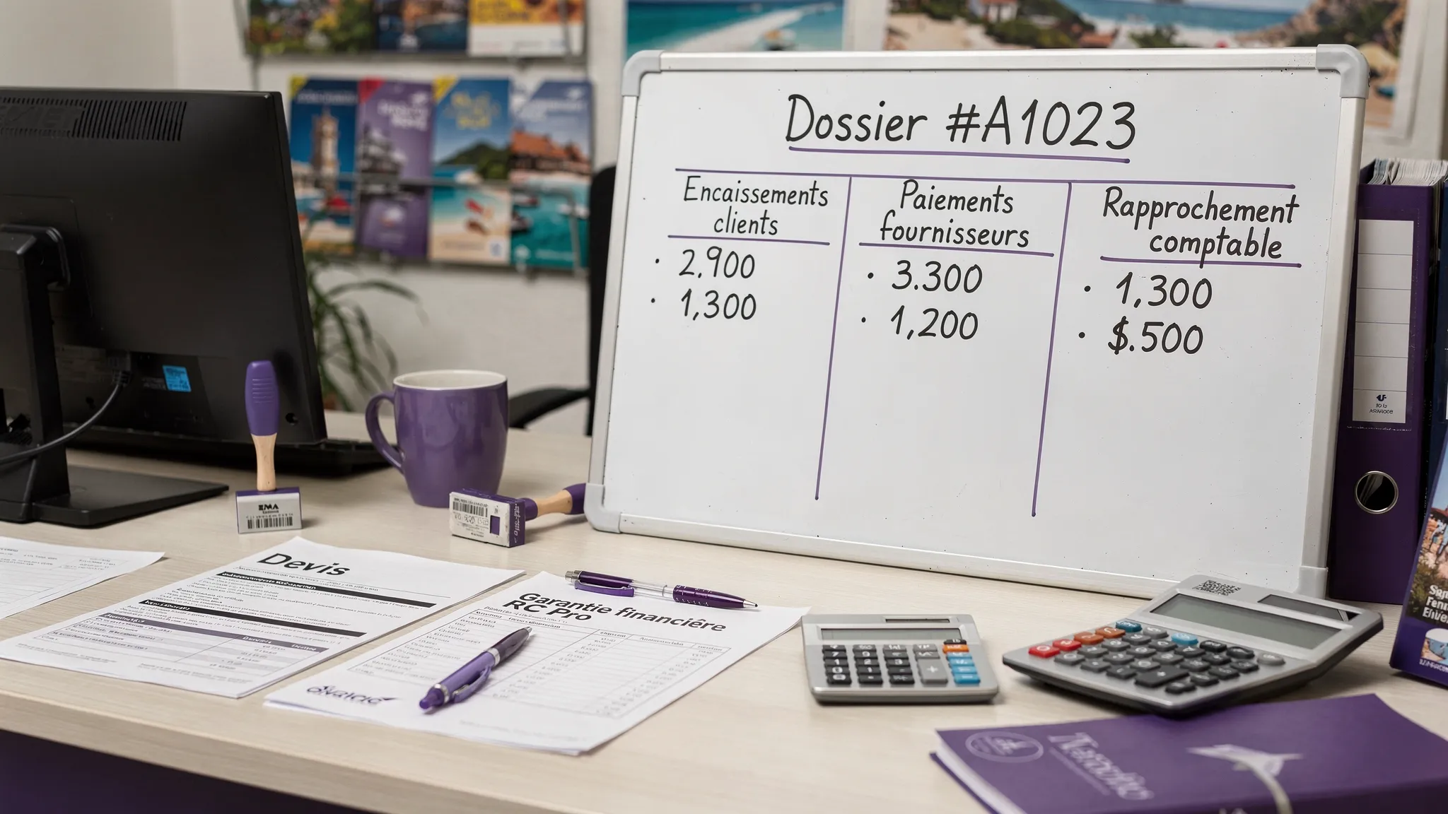 Une scène de bureau d’une petite agence de voyages avec un tableau simple “Dossier #A1023” montrant trois colonnes: Encaissements clients, Paiements fournisseurs, Rapprochement comptable. Des documents papier (devis, attestation RC Pro, garantie financière) sont posés à côté, illustrant la traçabilité.