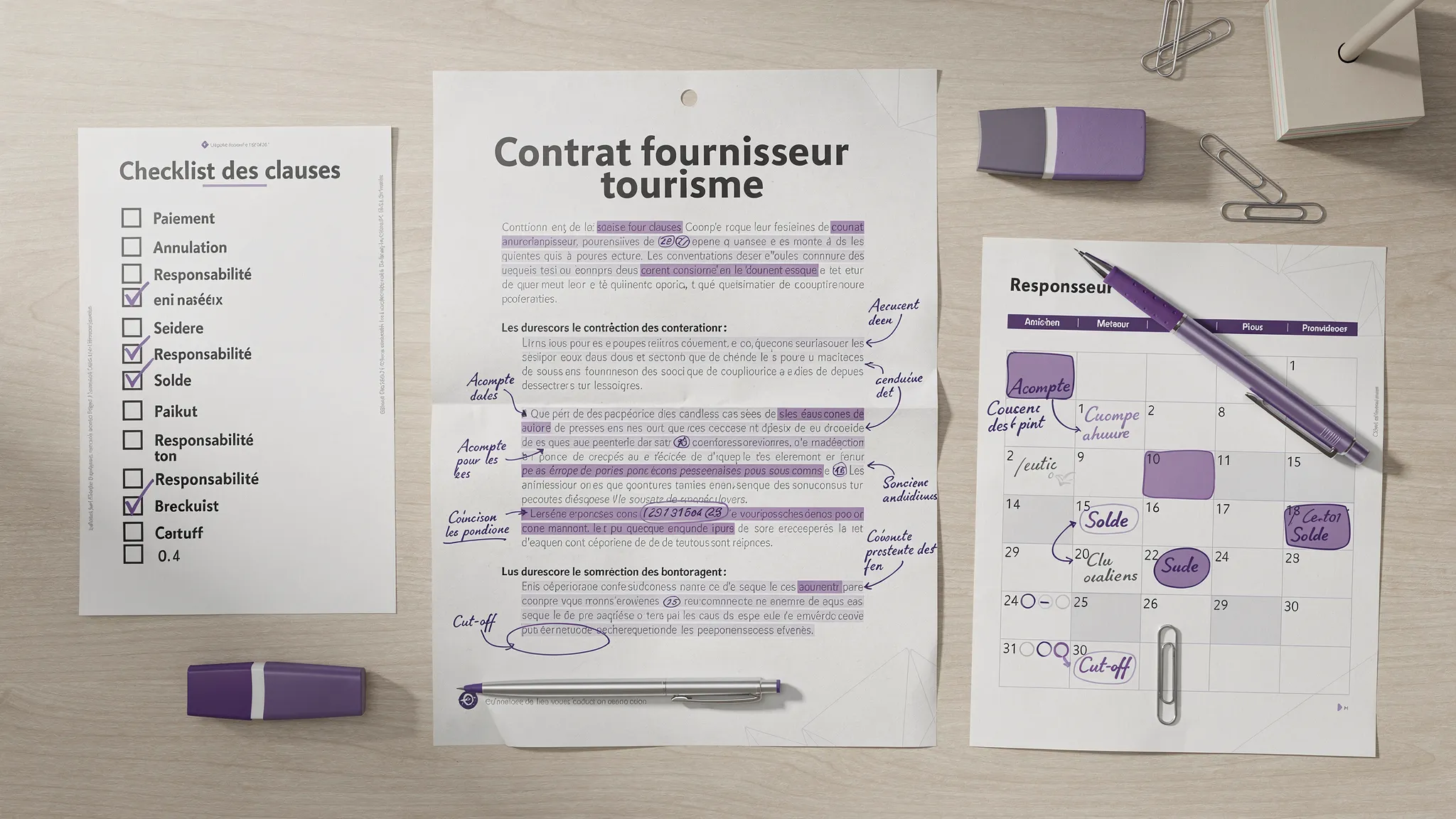 Une table de travail avec un contrat fournisseur tourisme annoté, une checklist de clauses (paiement, annulation, responsabilité) et un calendrier de jalons (acompte, solde, cut-off), sans écrans visibles.