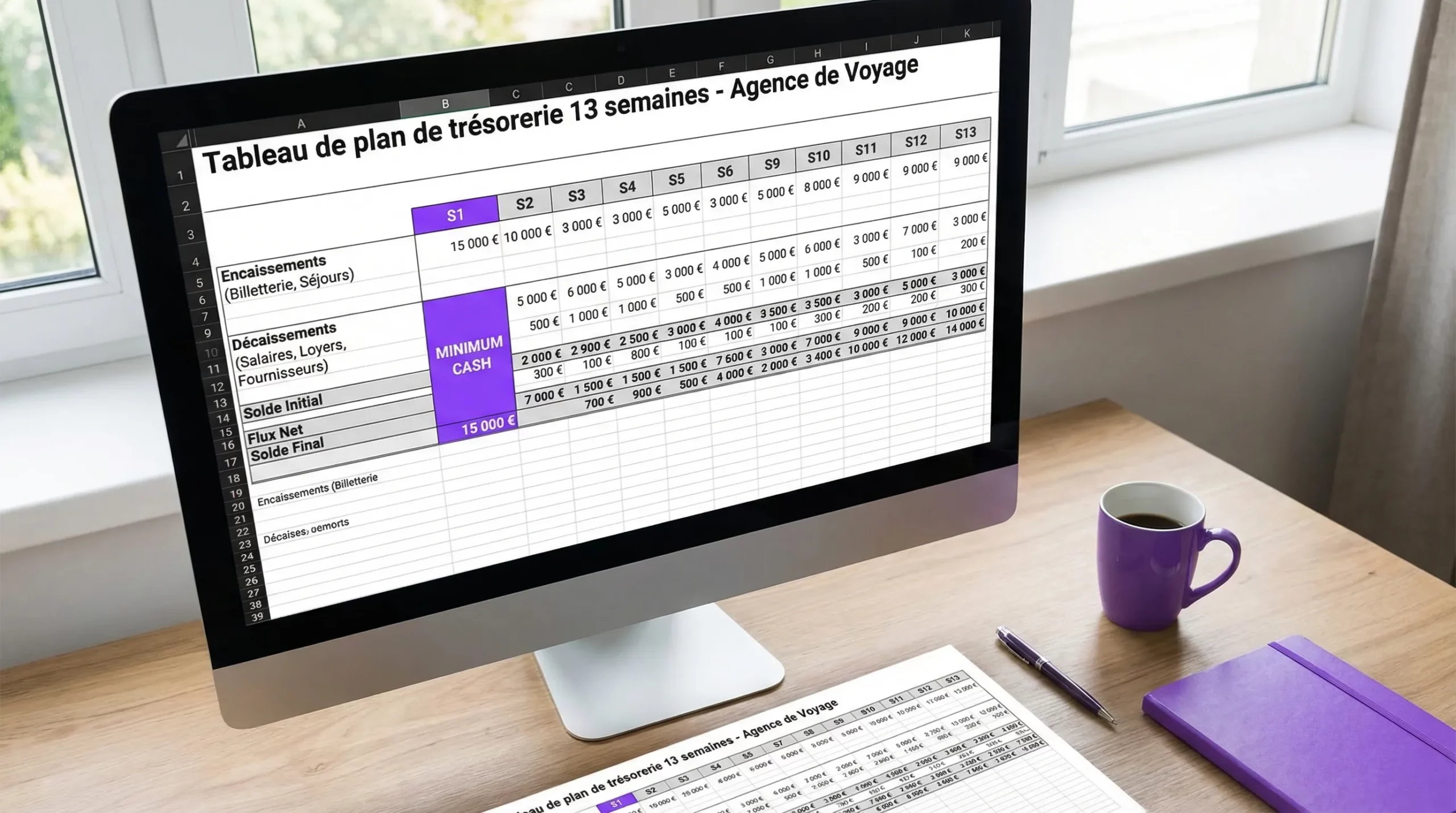 Aperçu d’un tableau de plan de trésorerie 13 semaines pour agence de voyage, avec colonnes S1 à S13 et lignes encaissements/décaissements, soldes et une cellule “minimum cash” mise en évidence.