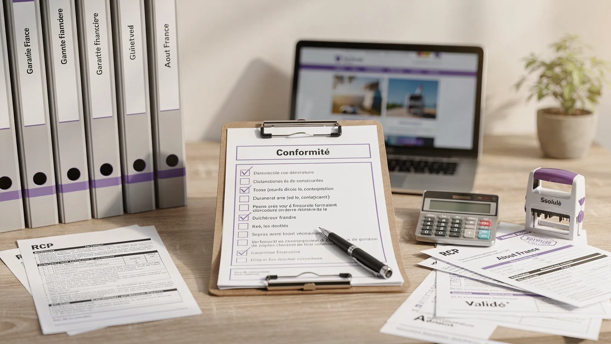 Bureau à domicile d’un agent de voyage avec une check-list papier “Conformité”, des dossiers clients classés, une calculatrice, un tampon “Validé”, et des documents intitulés “RCP”, “Garantie financière”, “Atout France”.