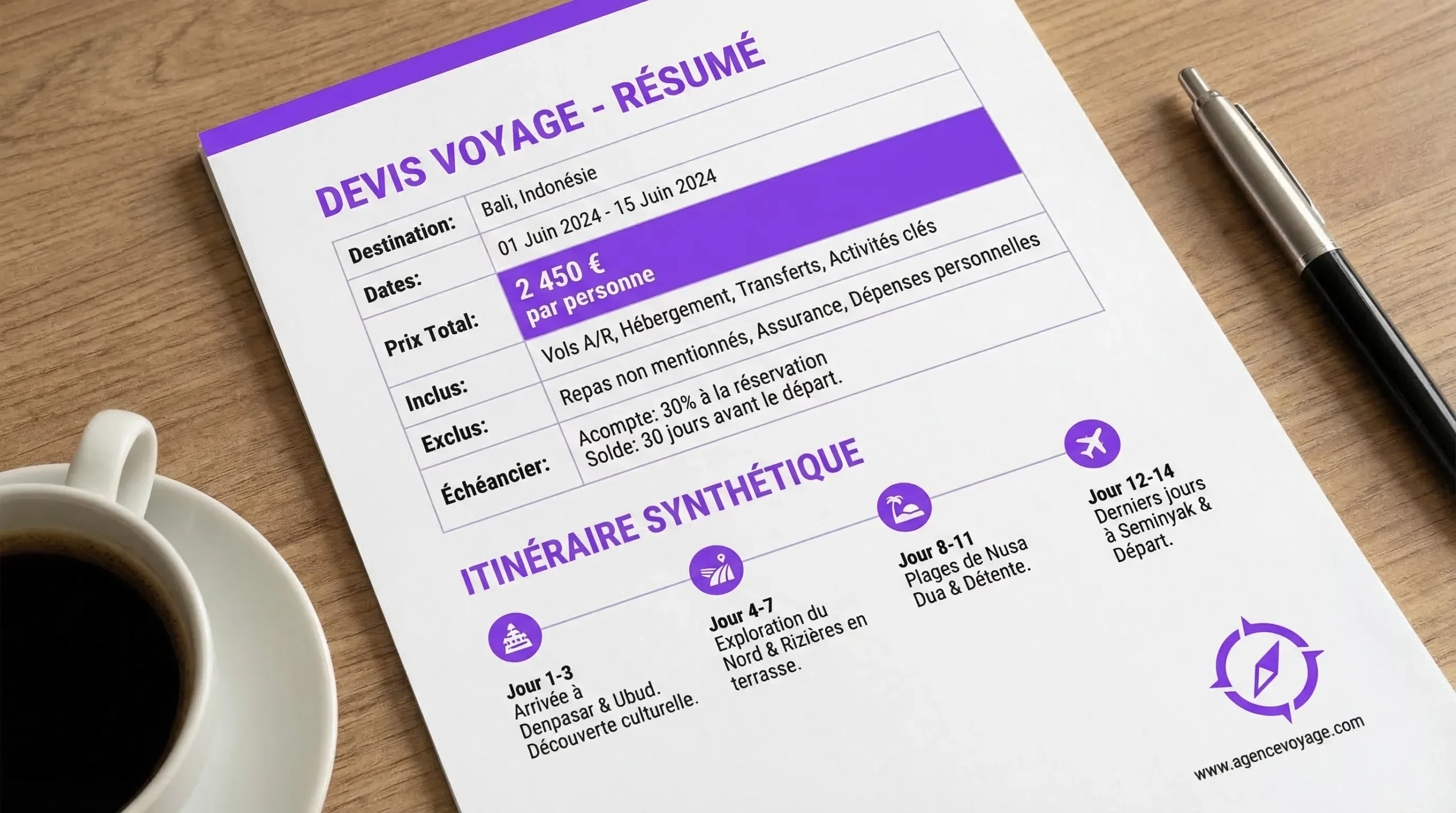 Exemple de première page de devis d’agence de voyage avec un bloc résumé (destination, dates, prix total, inclus/exclus, échéancier) suivi d’un itinéraire synthétique en 3 à 5 étapes.