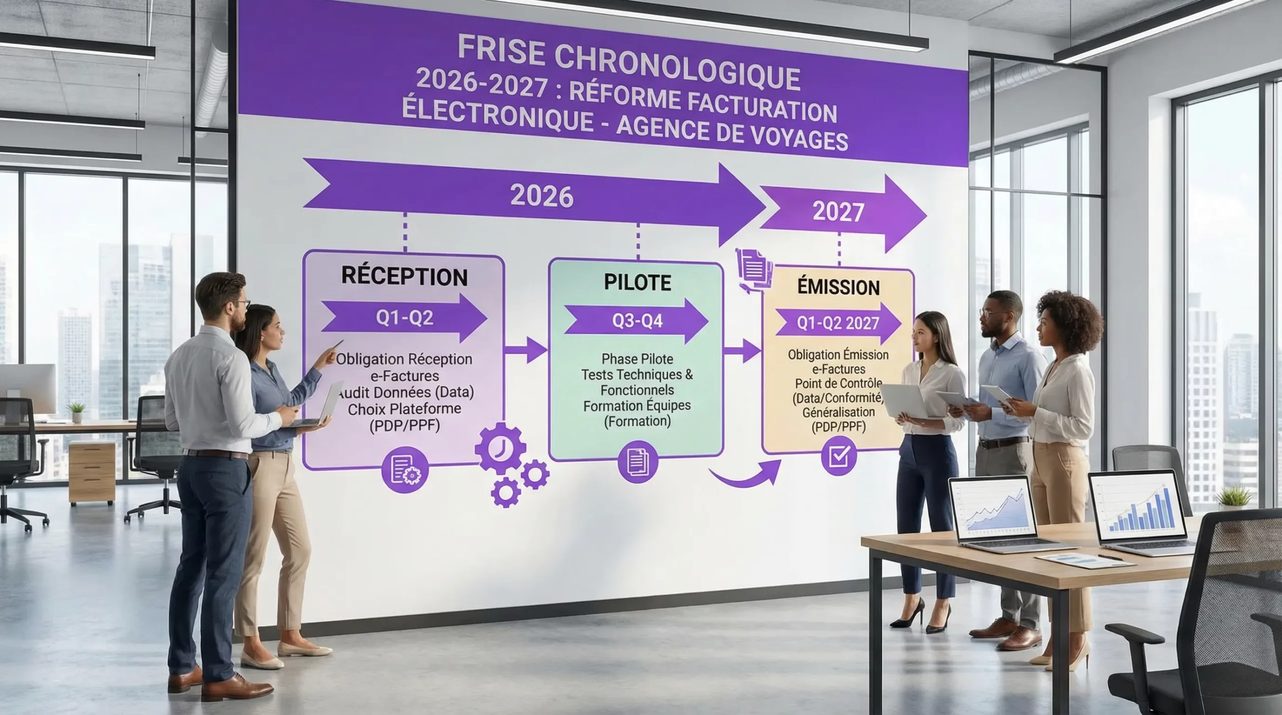 Frise chronologique 2026-2027 montrant les jalons clés de la réforme de facturation électronique pour une petite agence de voyages, avec trois phases: réception, pilote, émission, et des points de contrôle data, PDP, tests et formation.