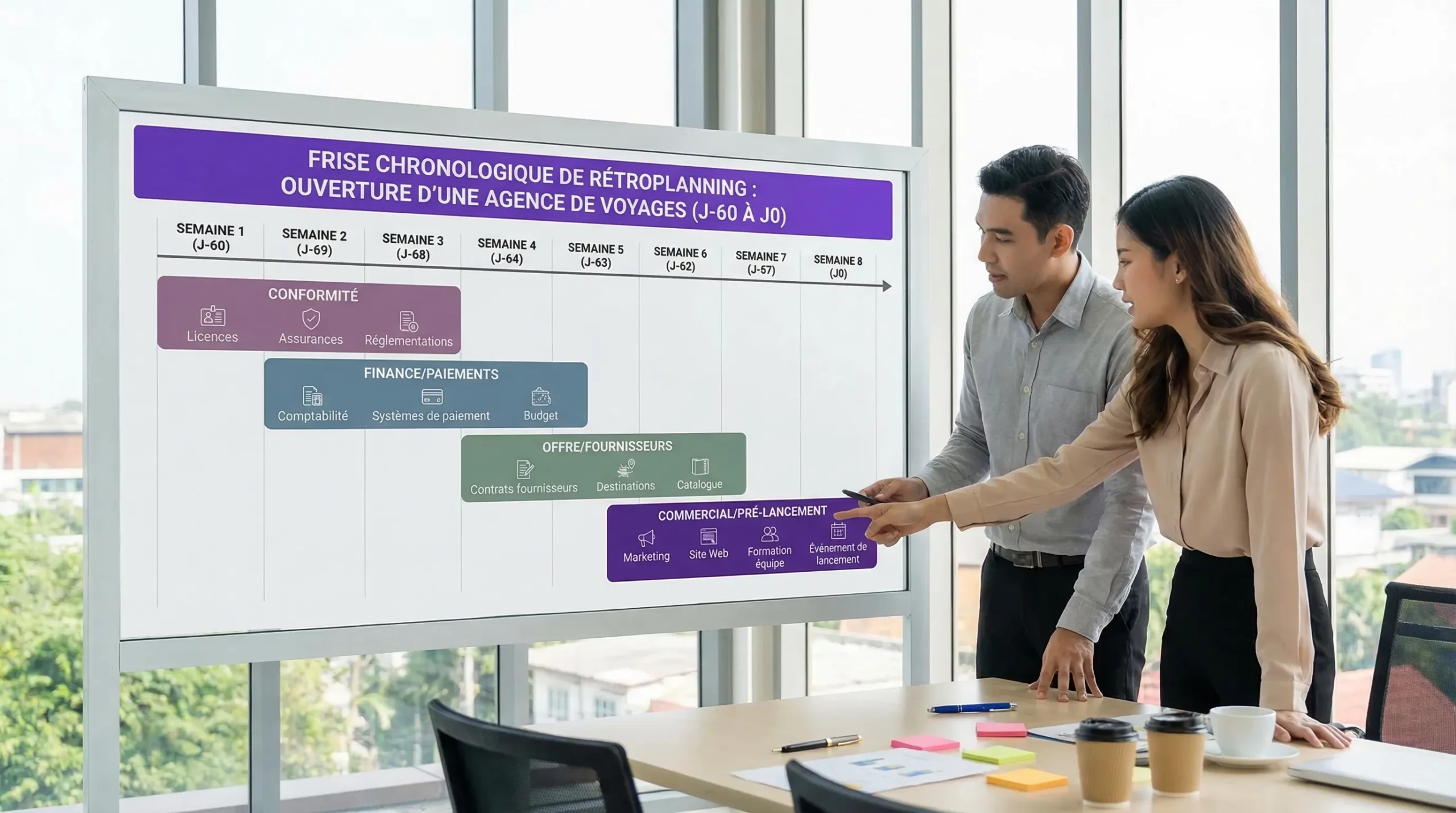 Frise chronologique de rétroplanning sur 8 semaines (J-60 à J0) pour ouvrir une agence de voyages, avec 4 blocs: conformité, finance/paiements, offre/fournisseurs, commercial/pré-lancement.