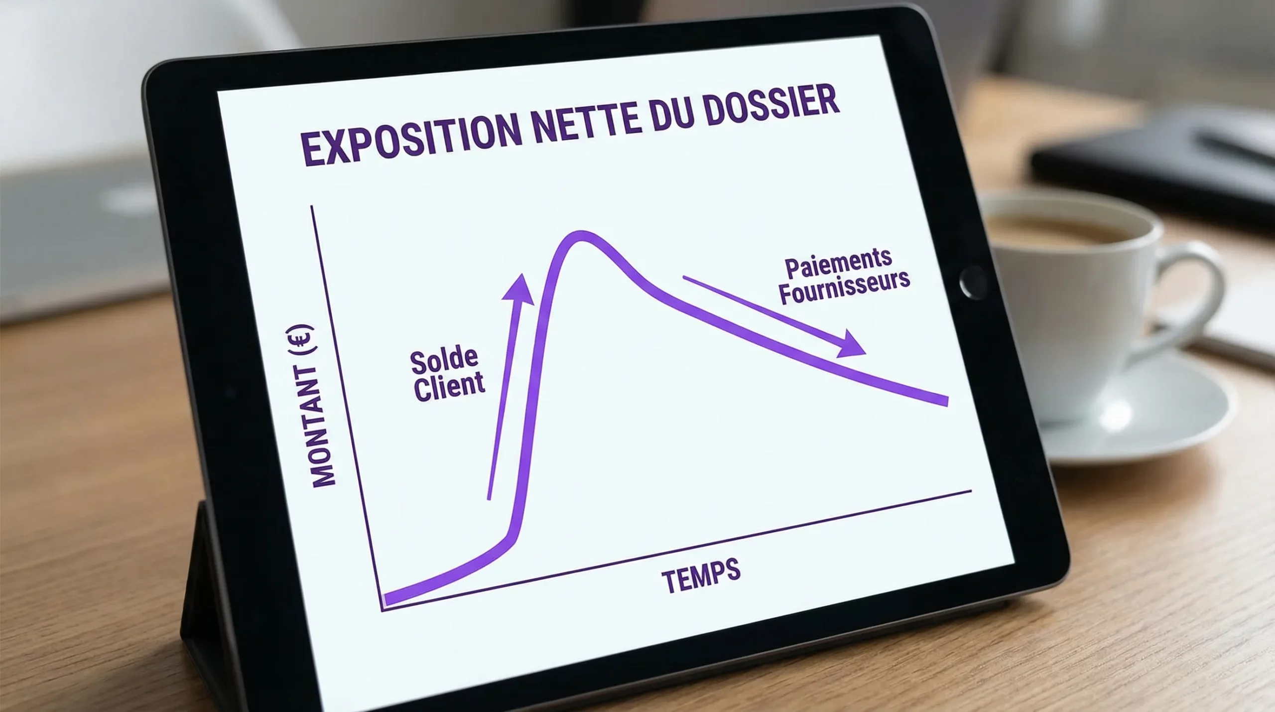 Graphique simple illustrant l’exposition nette d’un dossier au fil du temps, avec une courbe qui monte au moment du solde client puis redescend après les paiements fournisseurs.
