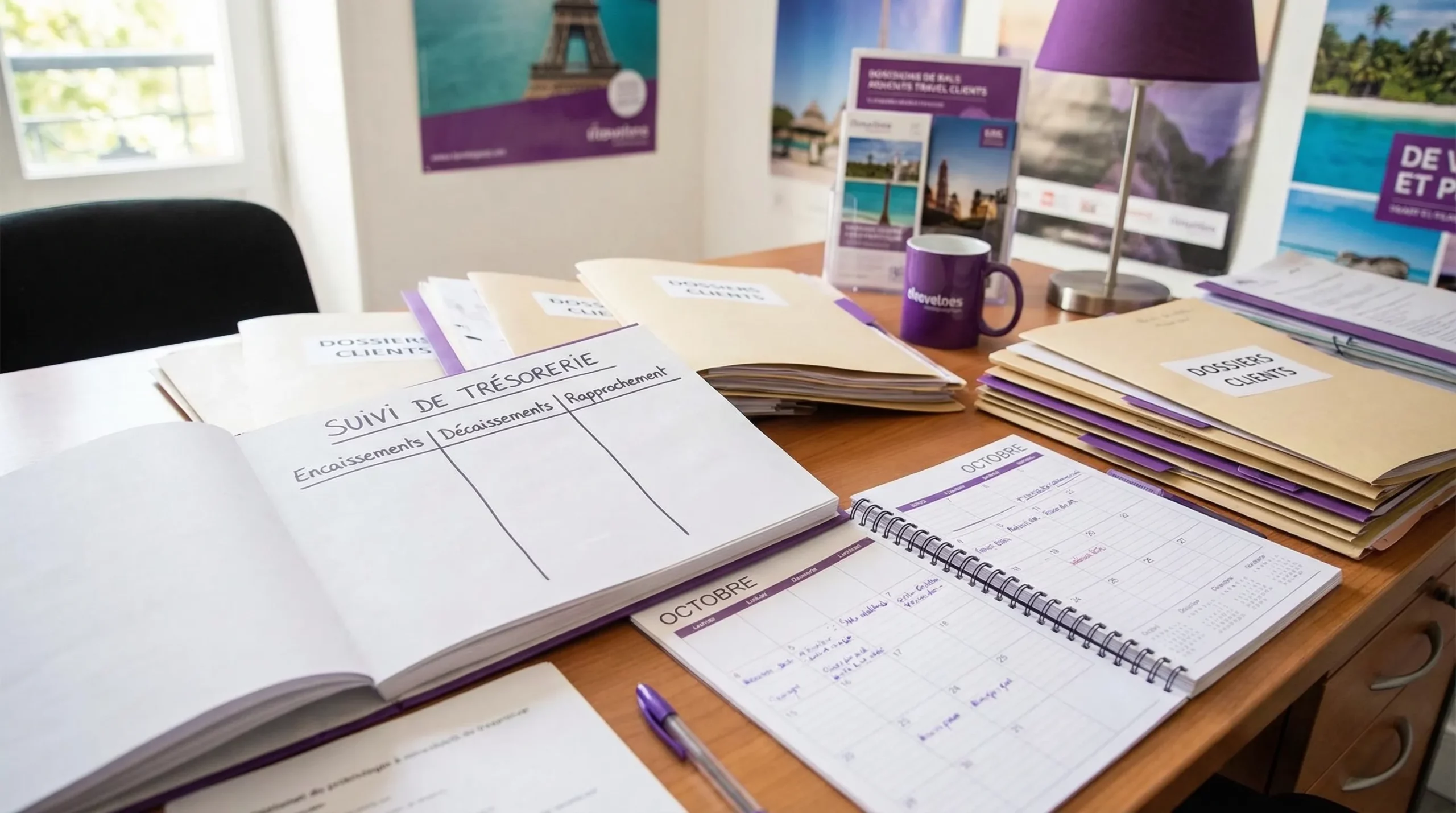 Illustration d’un bureau d’agence de voyage avec un tableau de suivi de trésorerie et des documents de dossiers clients, montrant trois colonnes “Encaissements”, “Décaissements”, “Rapprochement”, et un calendrier hebdomadaire posé à côté.