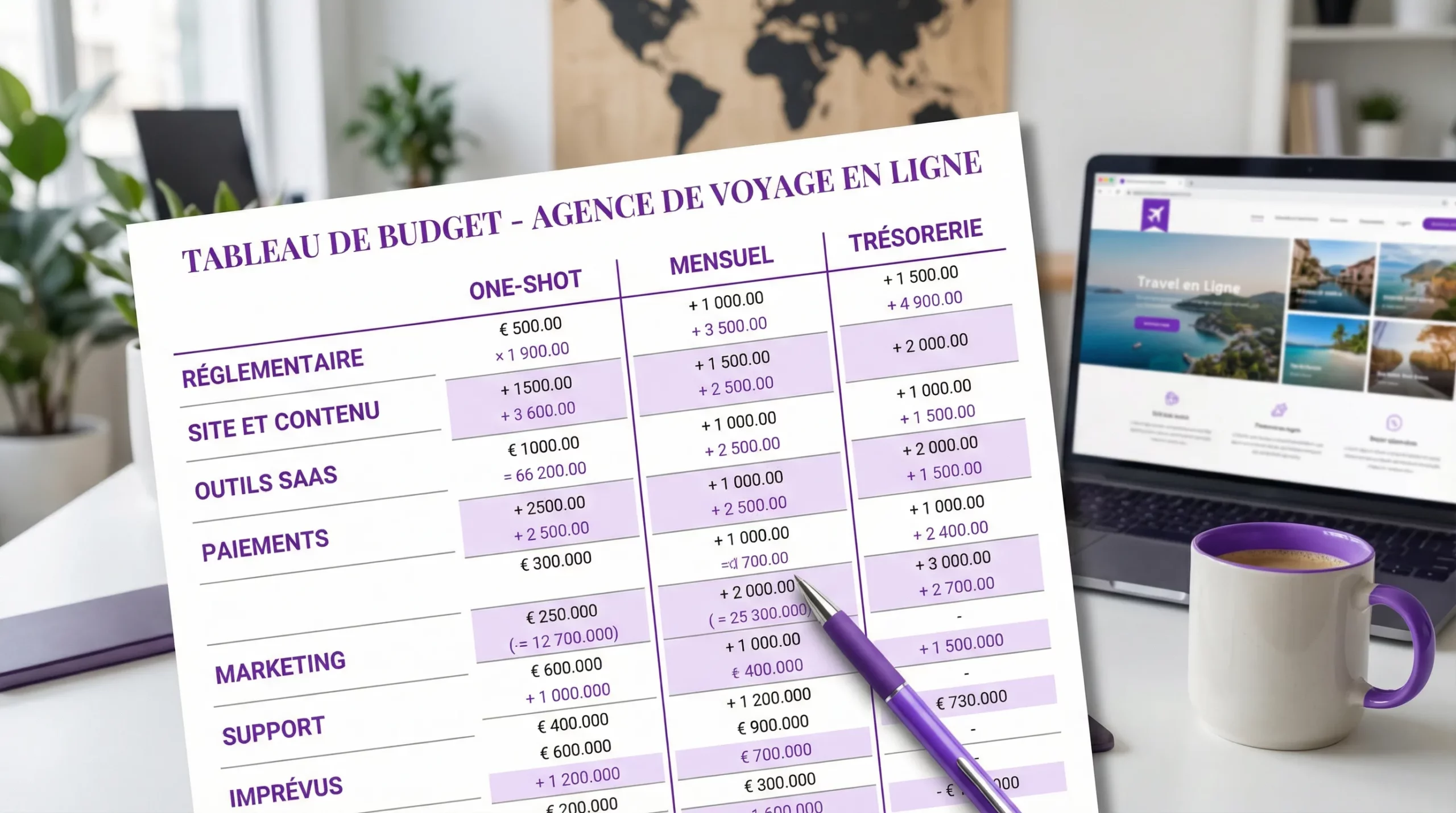 Illustration d’un tableau de budget pour une agence de voyage en ligne, avec colonnes “one-shot”, “mensuel” et “trésorerie”, et lignes “réglementaire”, “site et contenu”, “outils SaaS”, “paiements”, “marketing”, “support” et “imprévus”.